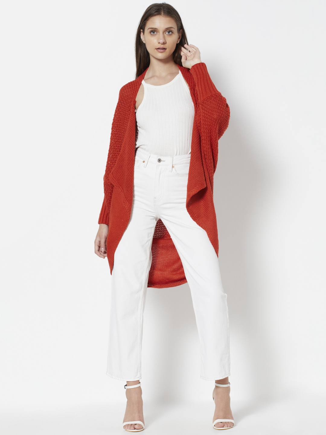 

URBANIC Women Red Self Design Longline Front-Open Sweater