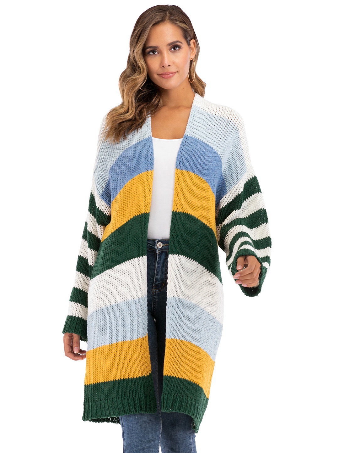 

URBANIC Women White & Mustard Yellow Striped Shawl Collar Longline Cardigan