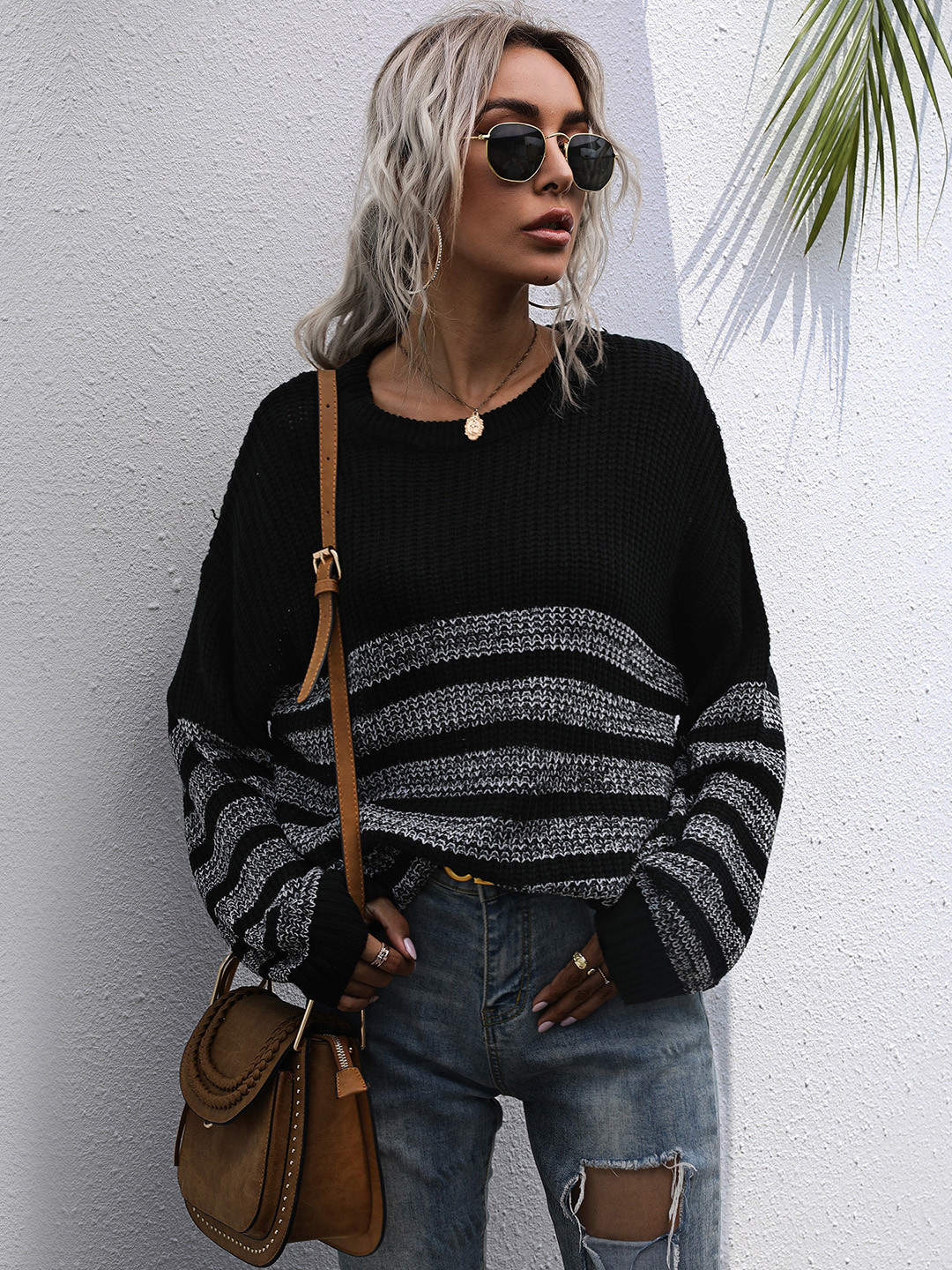 

URBANIC Women Black & Charcoal Grey Striped Self-Design Pullover