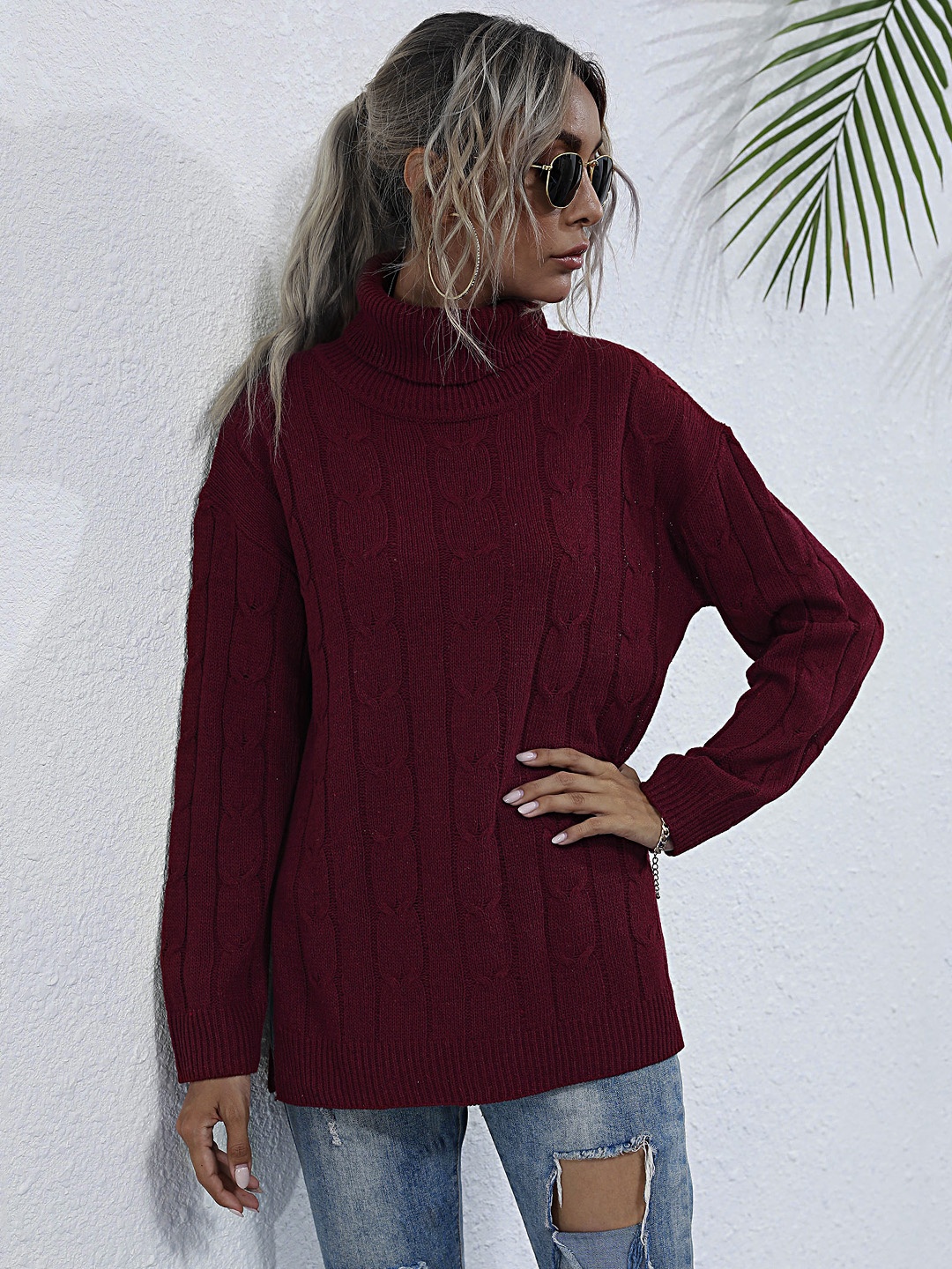 

URBANIC Women Maroon Cable Knit Pullover
