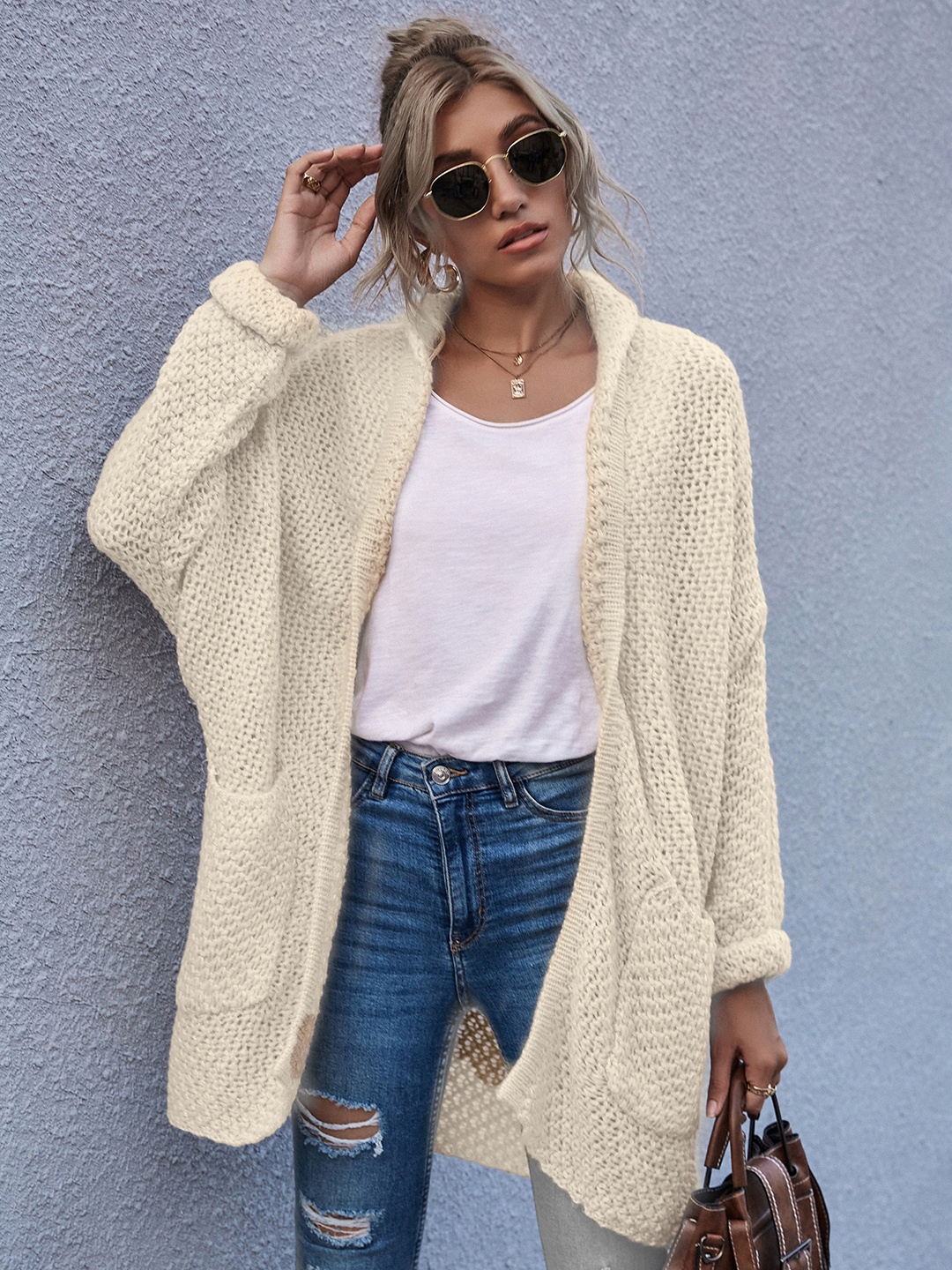 

URBANIC Longline Front-Open Sweater, Cream