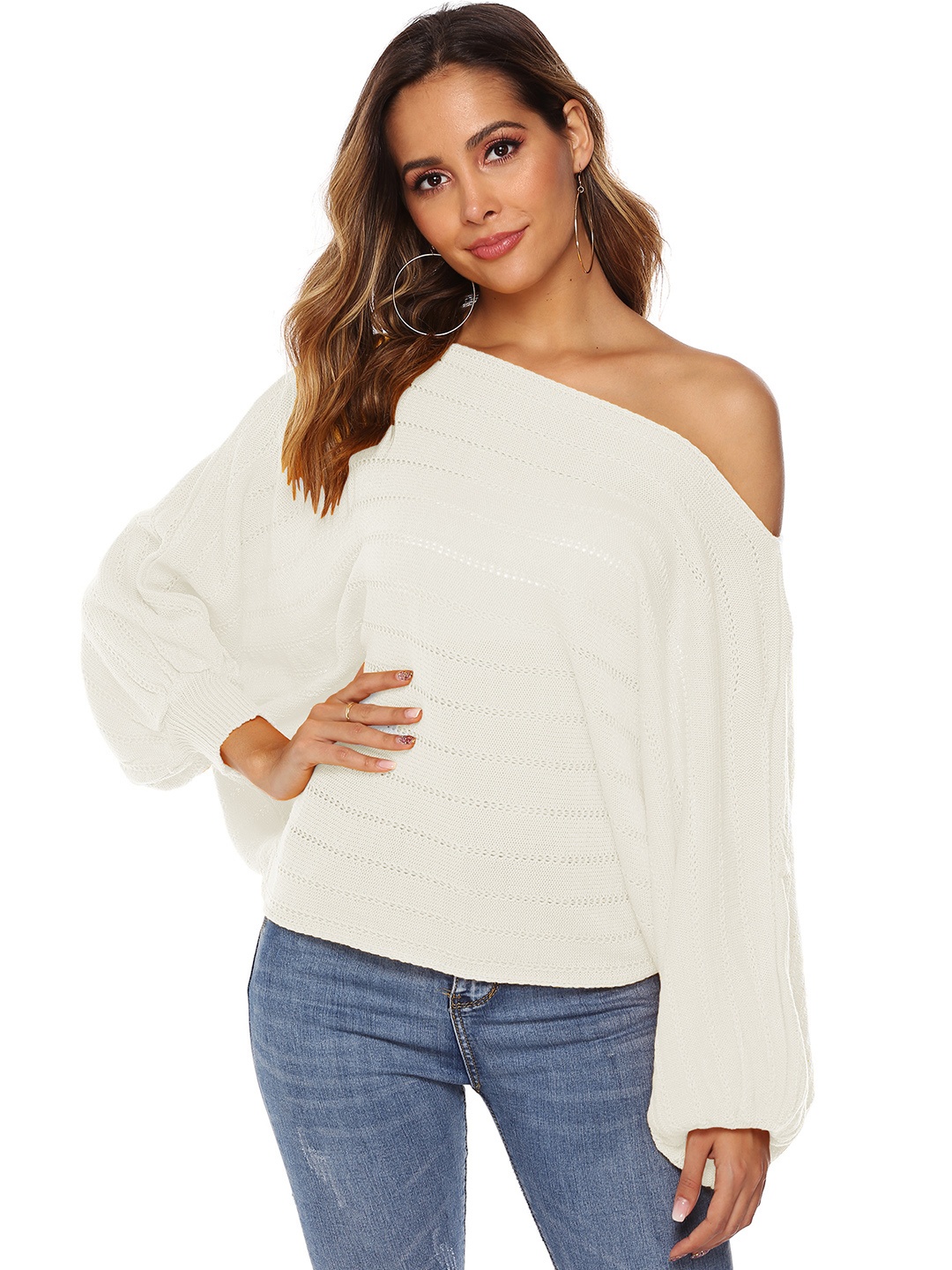 

URBANIC Women White One-Shoulder Open Knit Pullover