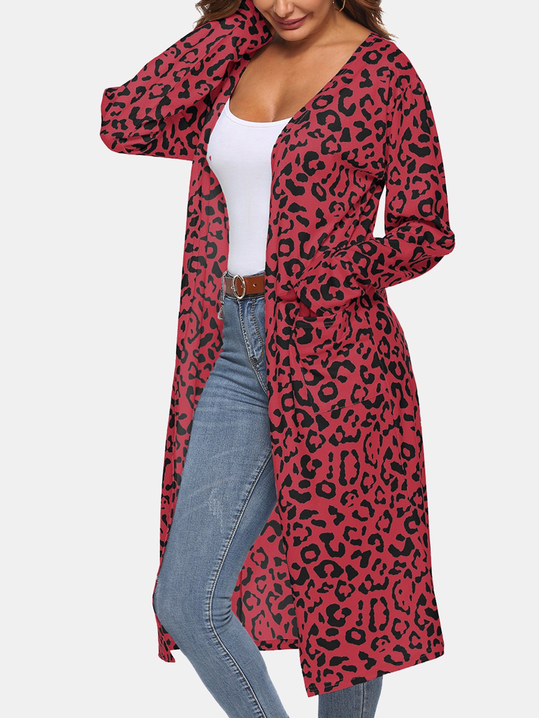 

URBANIC Women Red & Black Leopard Print Open-Front Longline Shrug