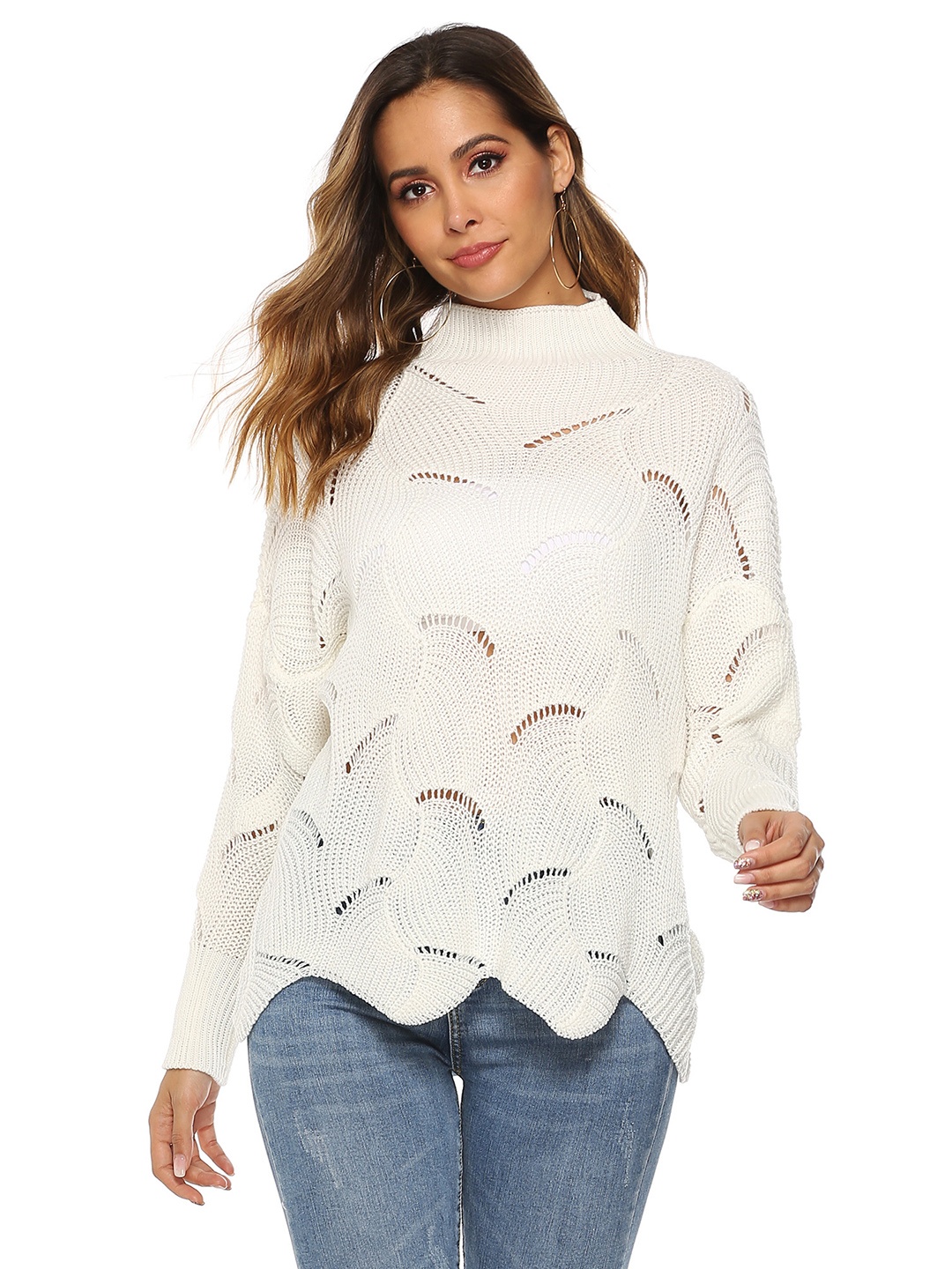 

URBANIC Women White Open Knit Self-Design Pullover