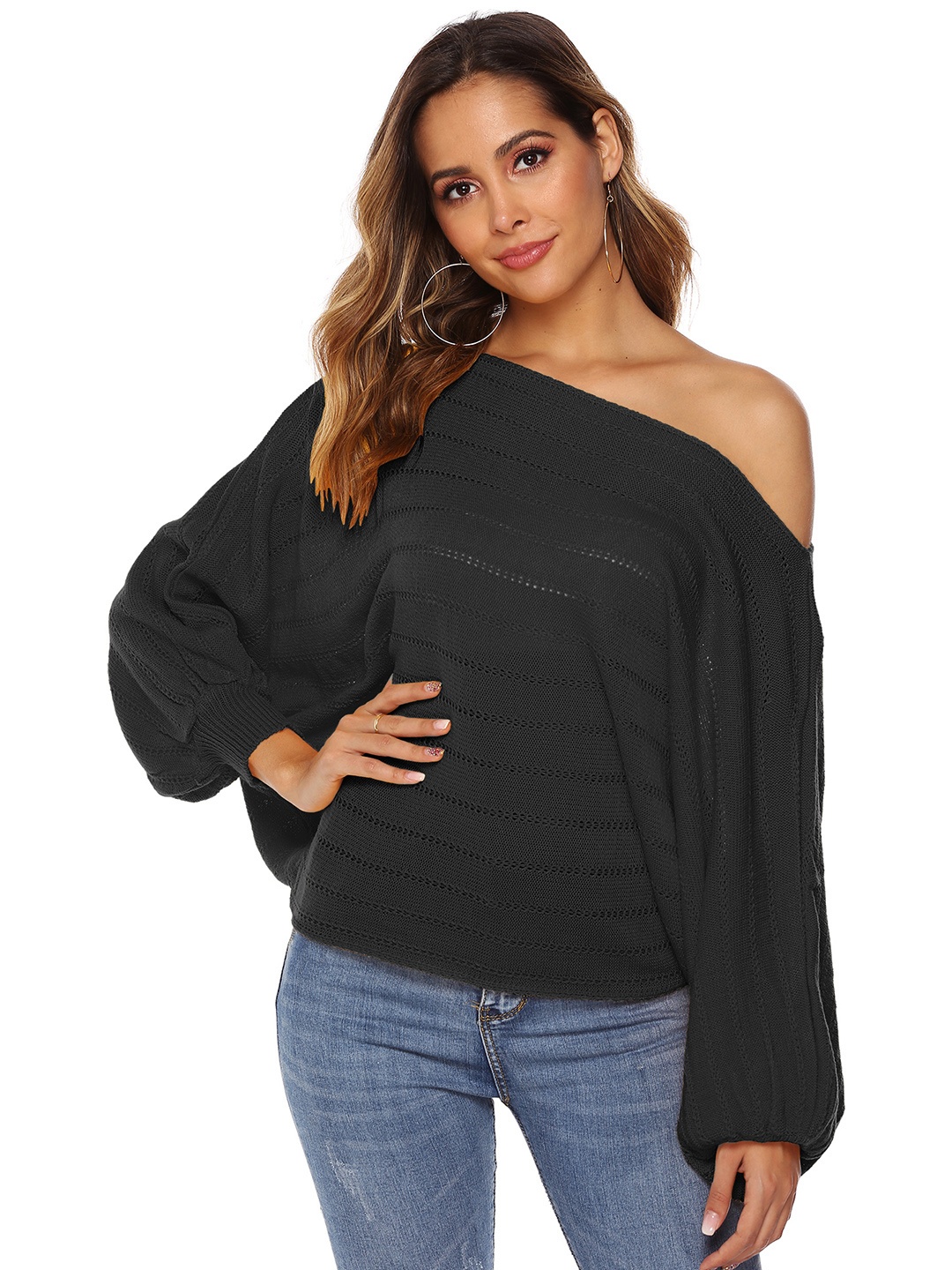 

URBANIC Women Black One-Shoulder Open Knit Pullover