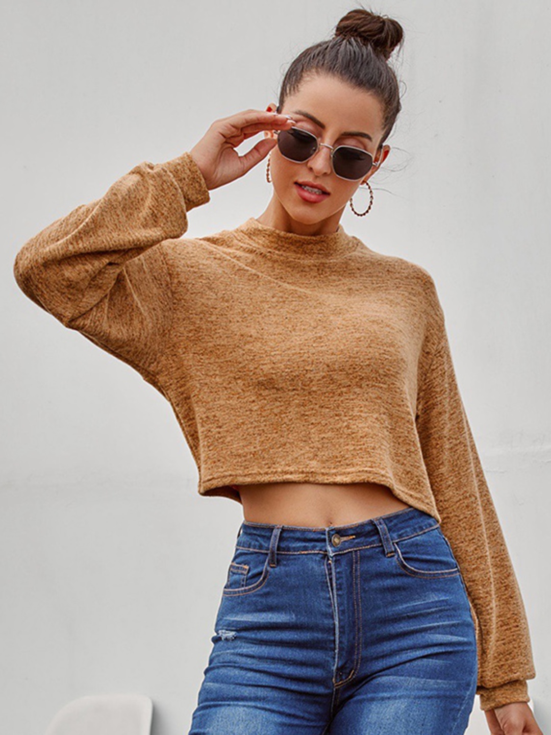 

URBANIC Women Beige Melange Effect Crop Pullover