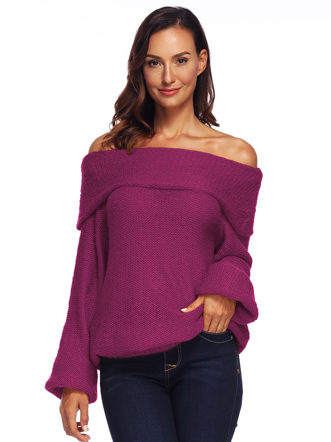

URBANIC Women Magenta Solid Off-Shoulder Pullover Sweater