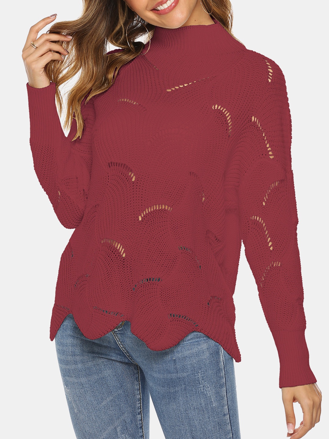 

URBANIC Women Maroon Open Knit Pullover