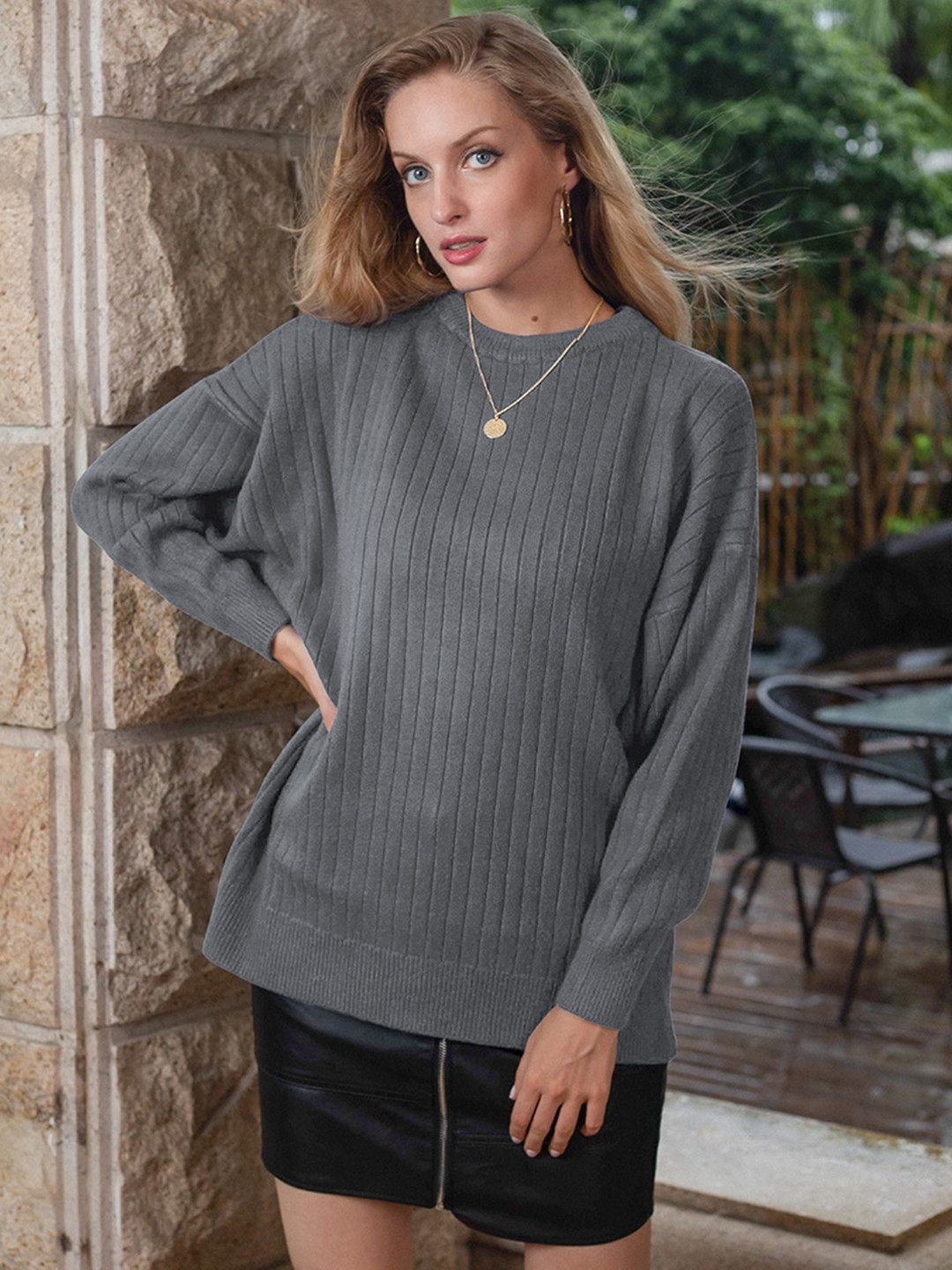 

URBANIC Women Charcoal Grey Self-Striped Pullover