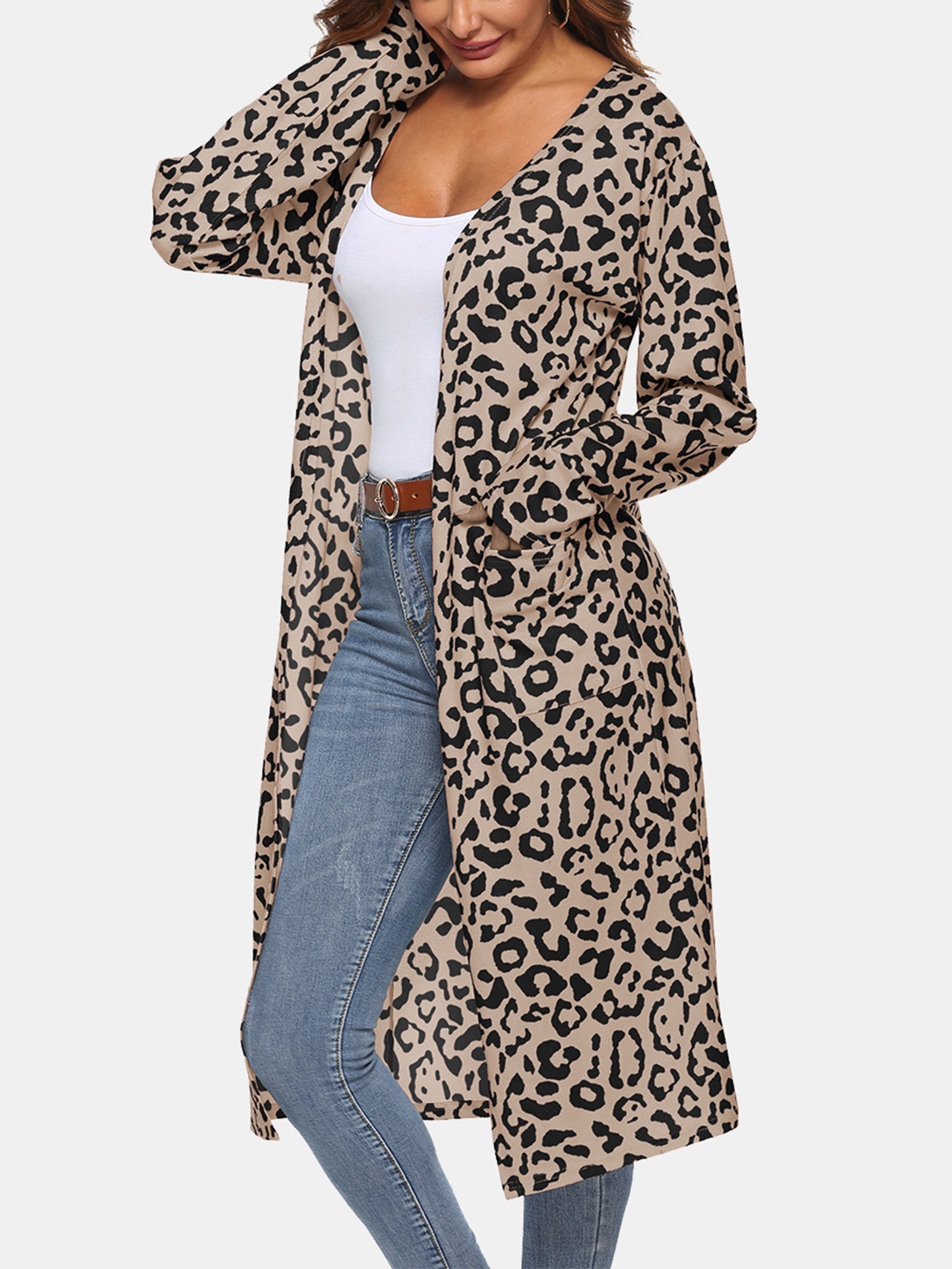 

URBANIC Women Beige & Black Leopard Printed Longline Front-Open Sweater