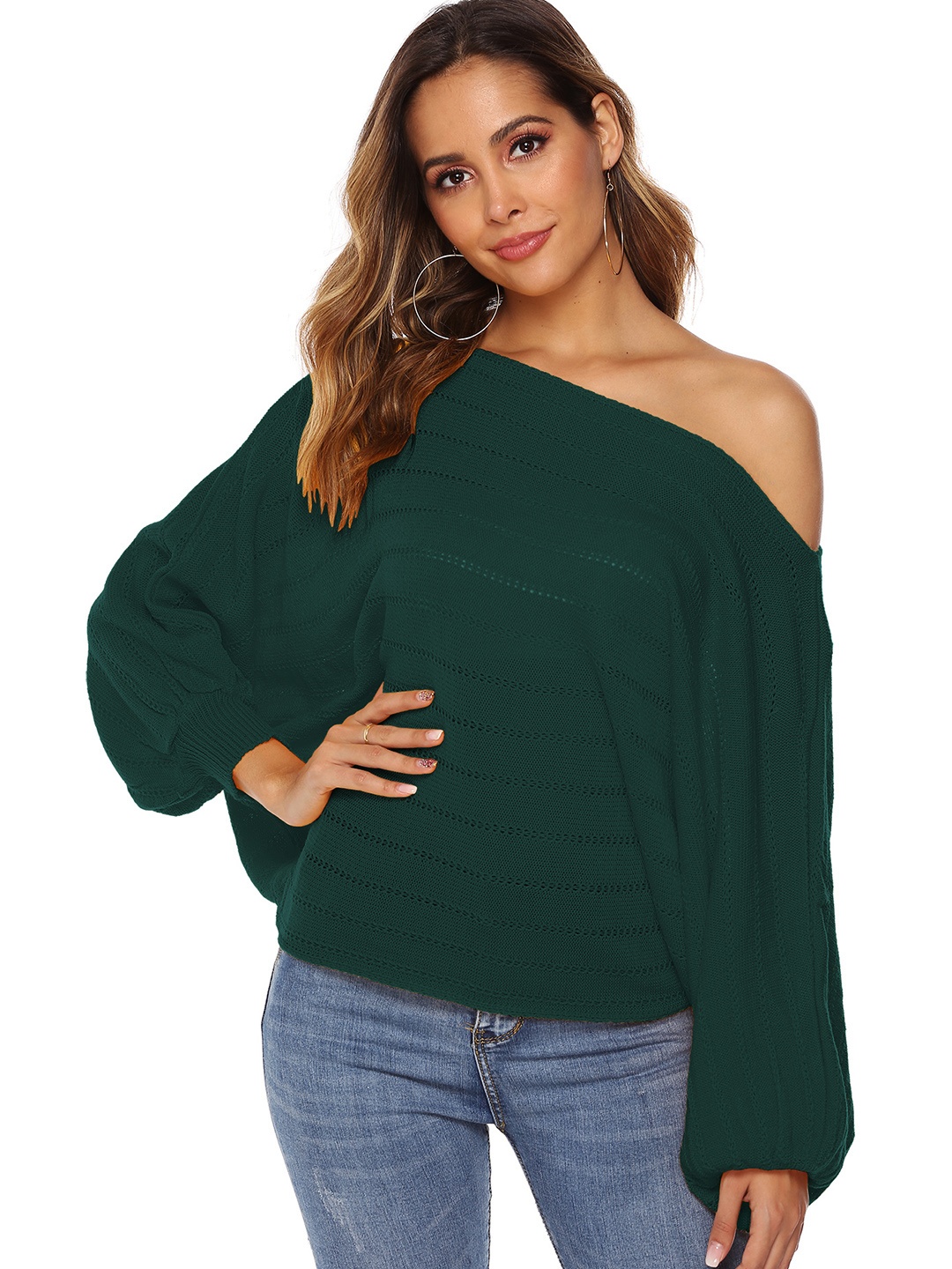 

URBANIC Women Olive Green Open Knit Self-Design Off-Shoulder Pullover Sweater