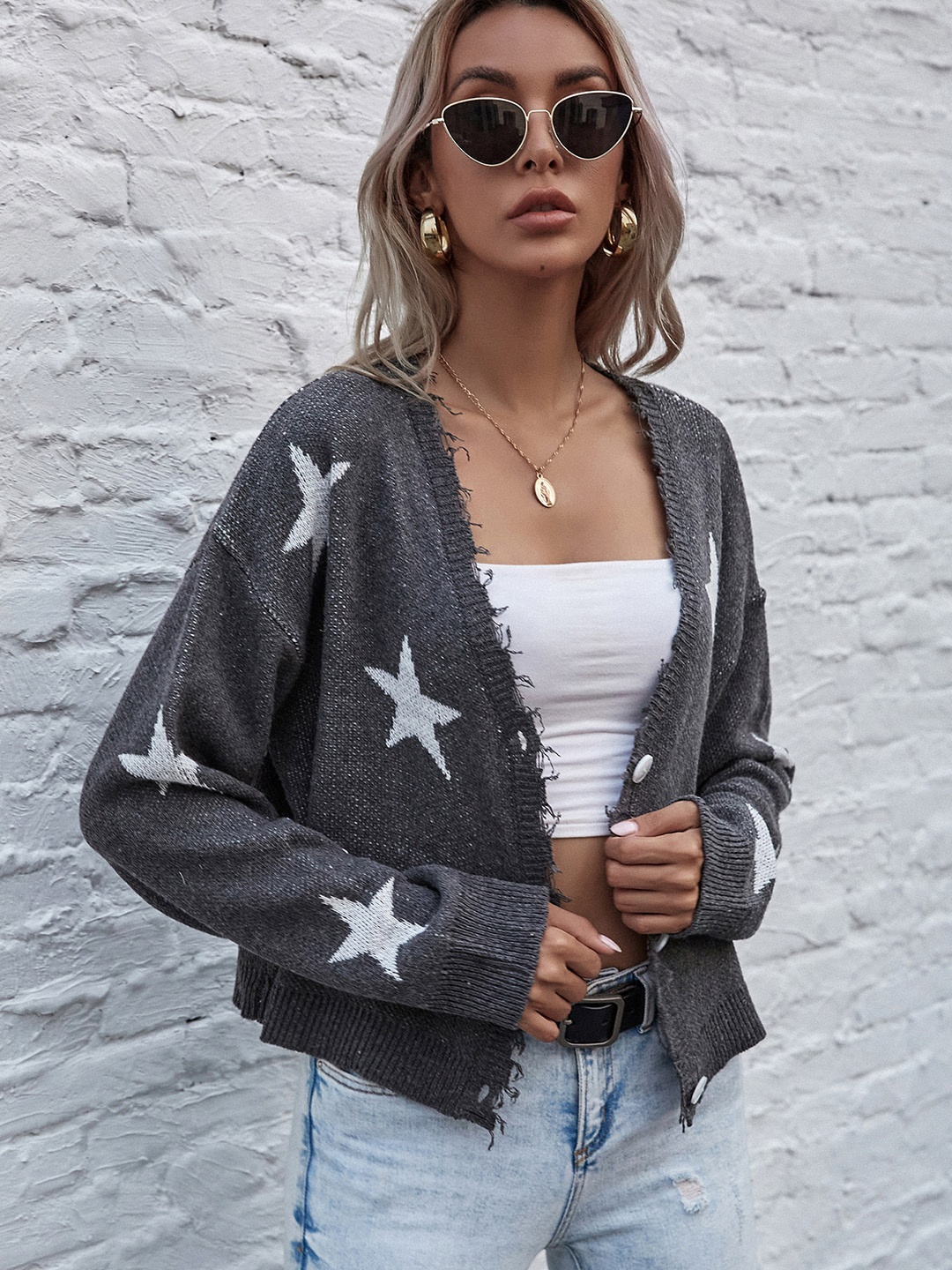 

URBANIC Women Grey & White Star Pattern Raw Hem Cardigan