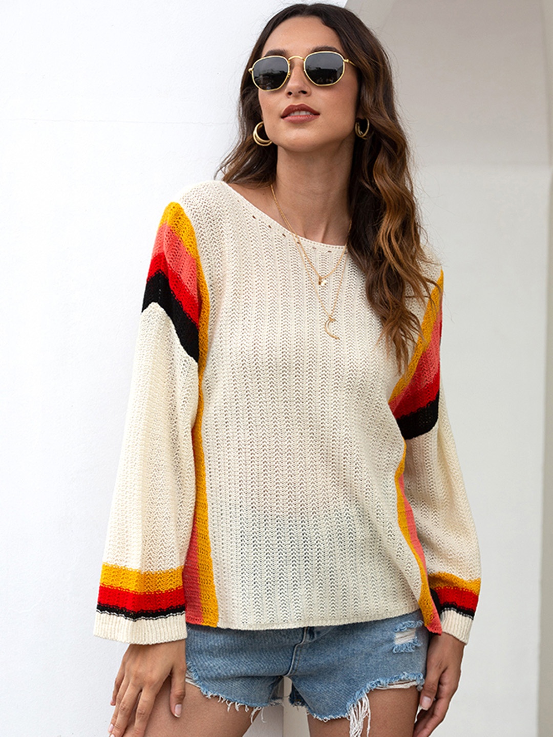 

URBANIC Women Off White & Orange Self Striped Pullover