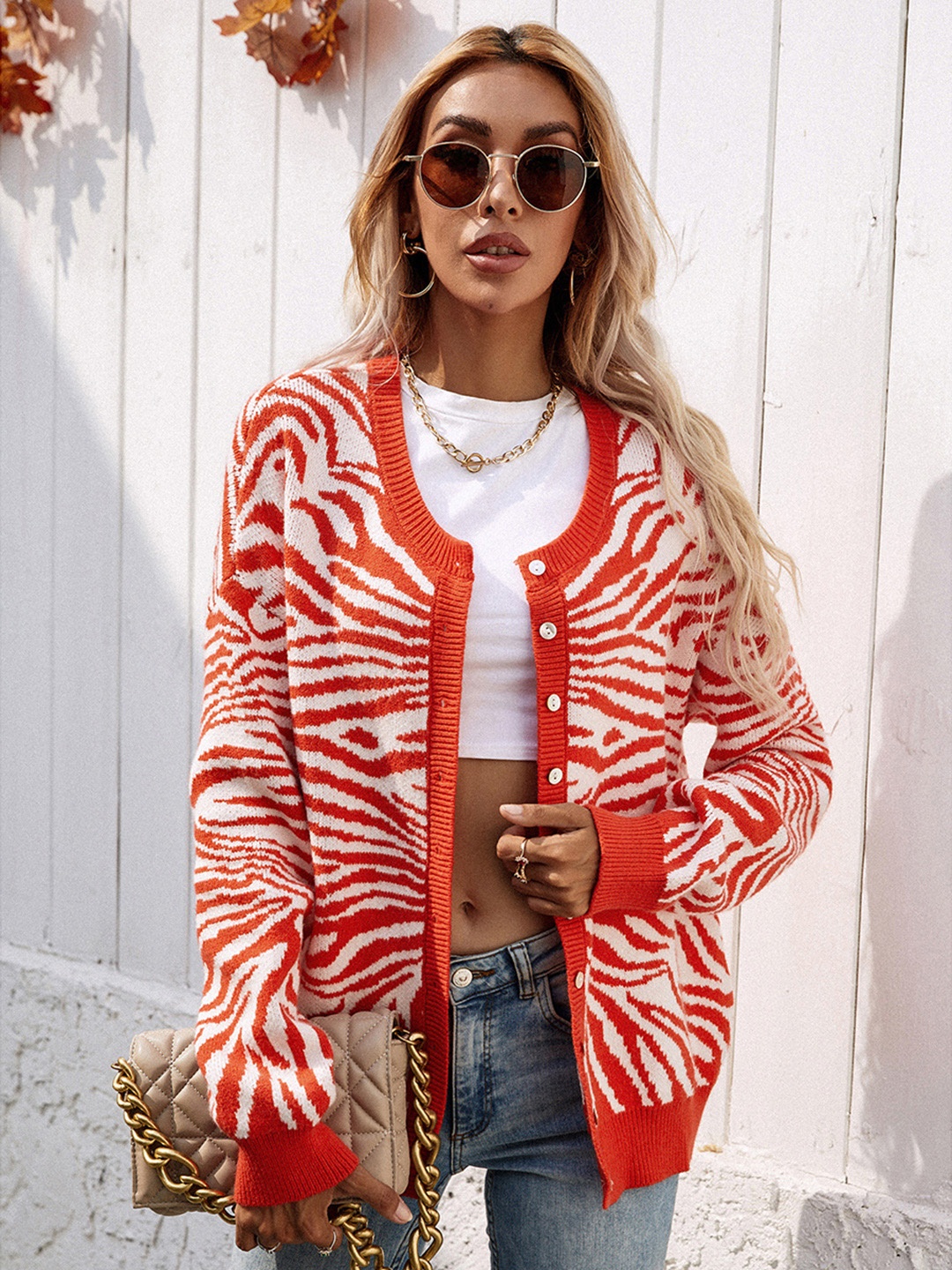 

URBANIC Women Orange & White Abstract Self-Design Cardigan
