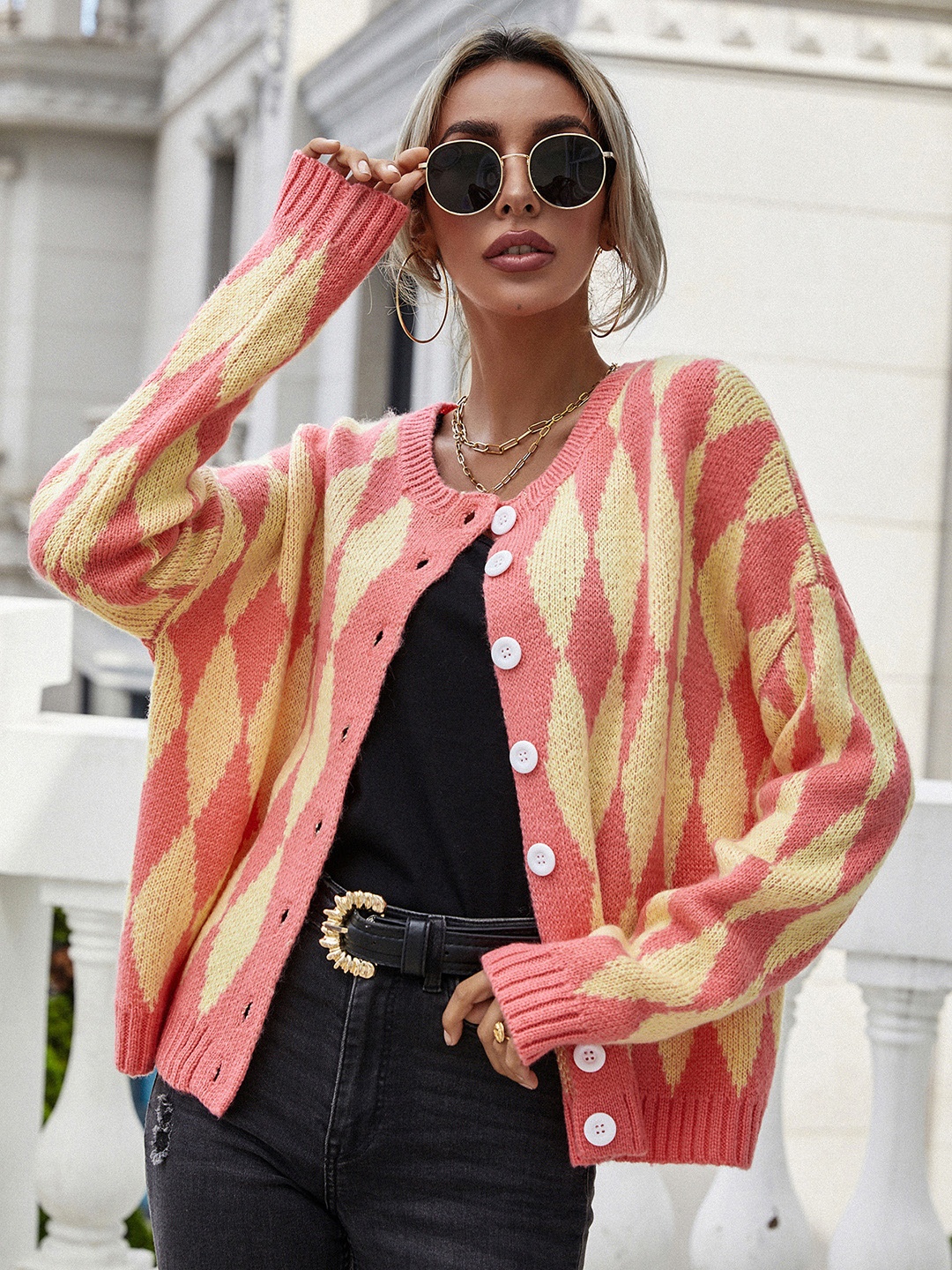 

URBANIC Women Pink & Yellow Acrylic Argyle Self-Design Cardigan
