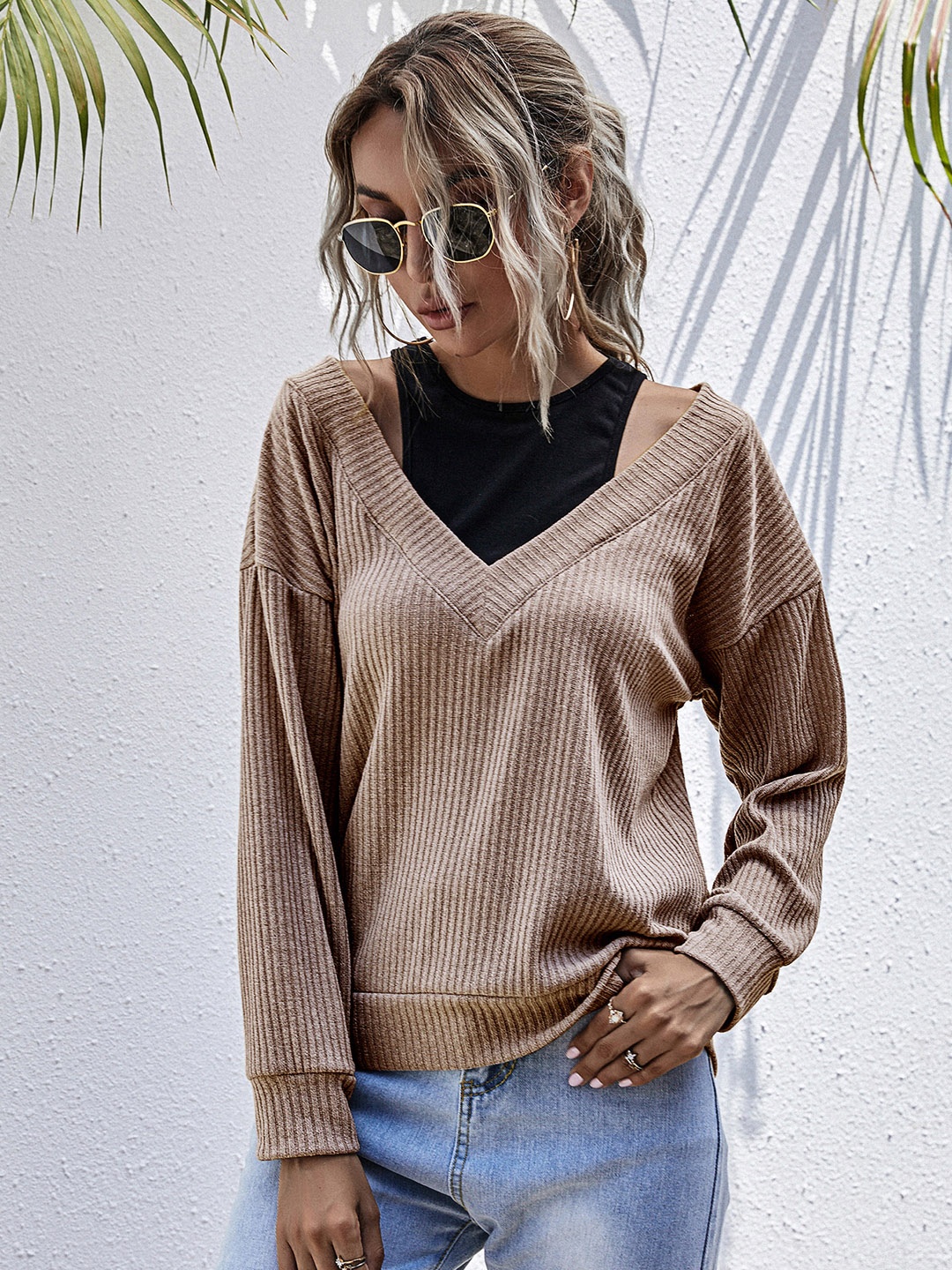 

URBANIC Women Brown Self Striped Pullover