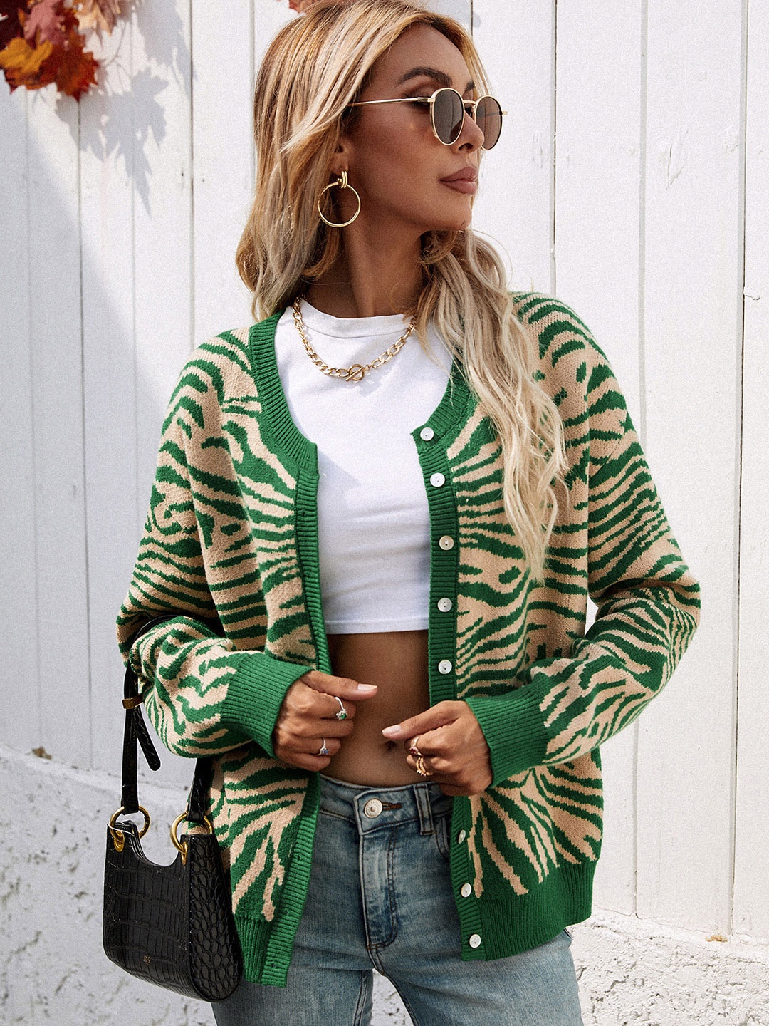 

URBANIC Women Green & Beige Animal Print Cardigan