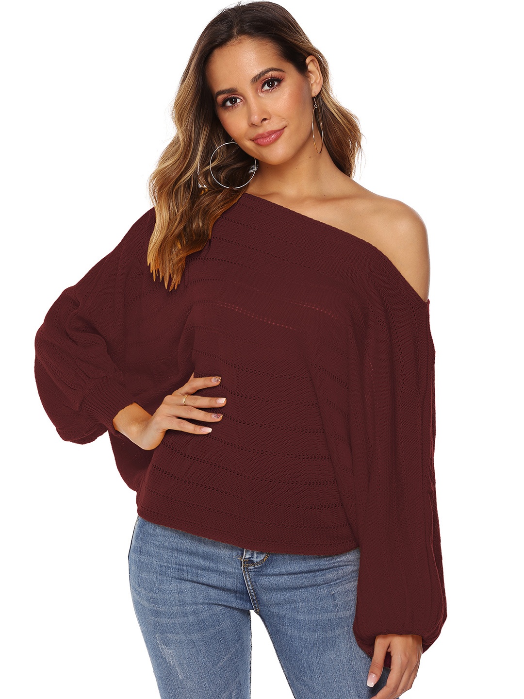 

URBANIC Women Maroon One-Shoulder Open Knit Pullover