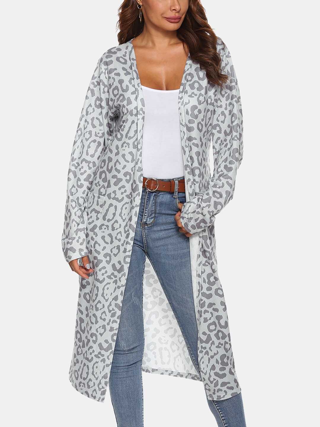 

URBANIC Women Grey & Blue Animal Printed Longline Shrug
