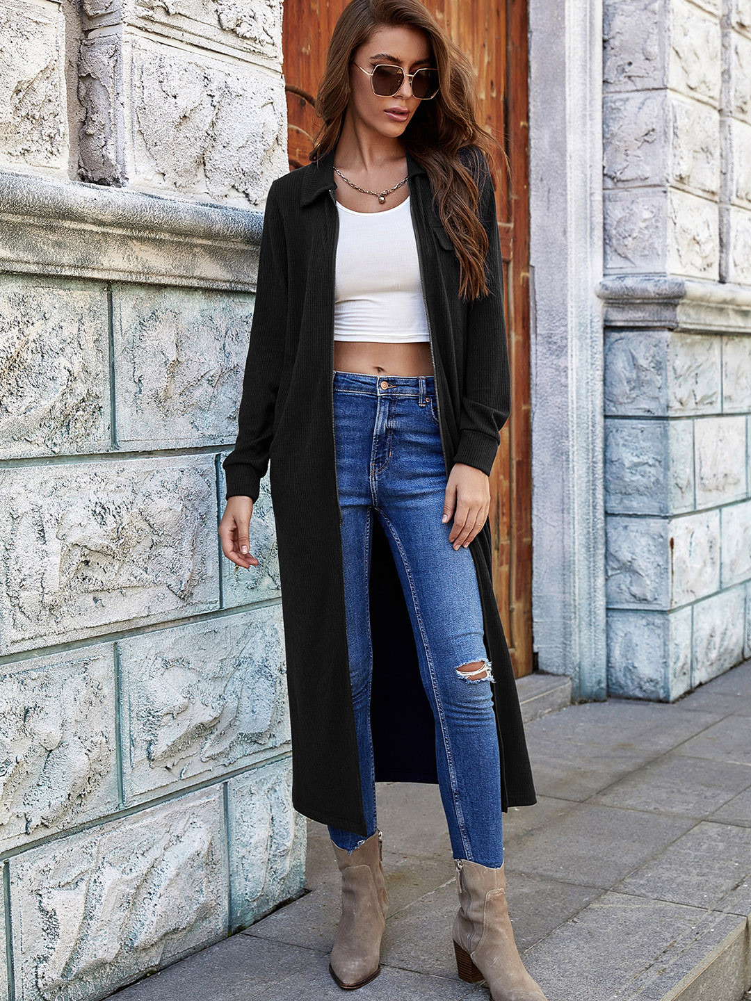 

URBANIC Women Black Longline Zipper Cardigan