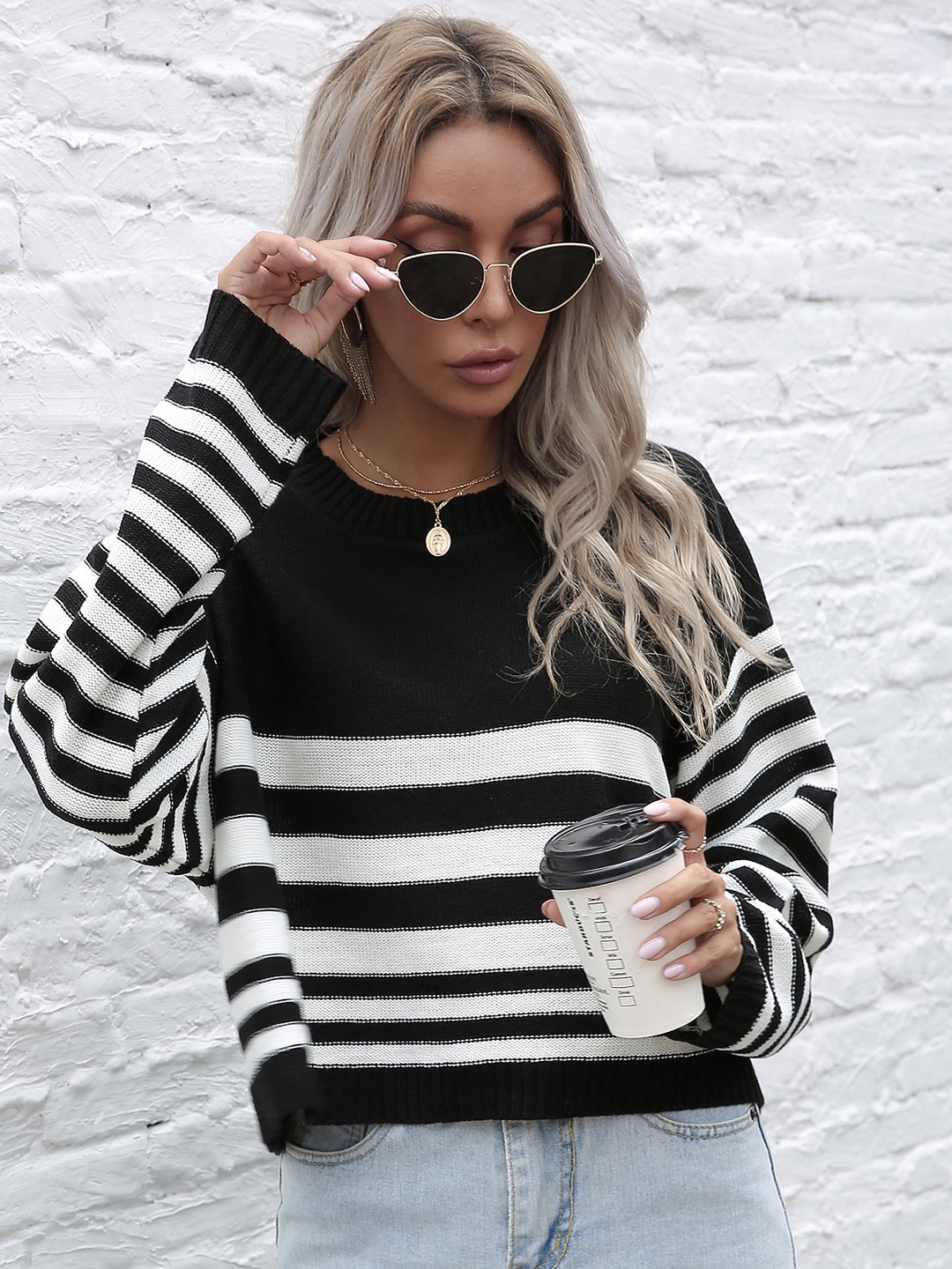 

URBANIC Women Black & White Striped Pullover Sweater