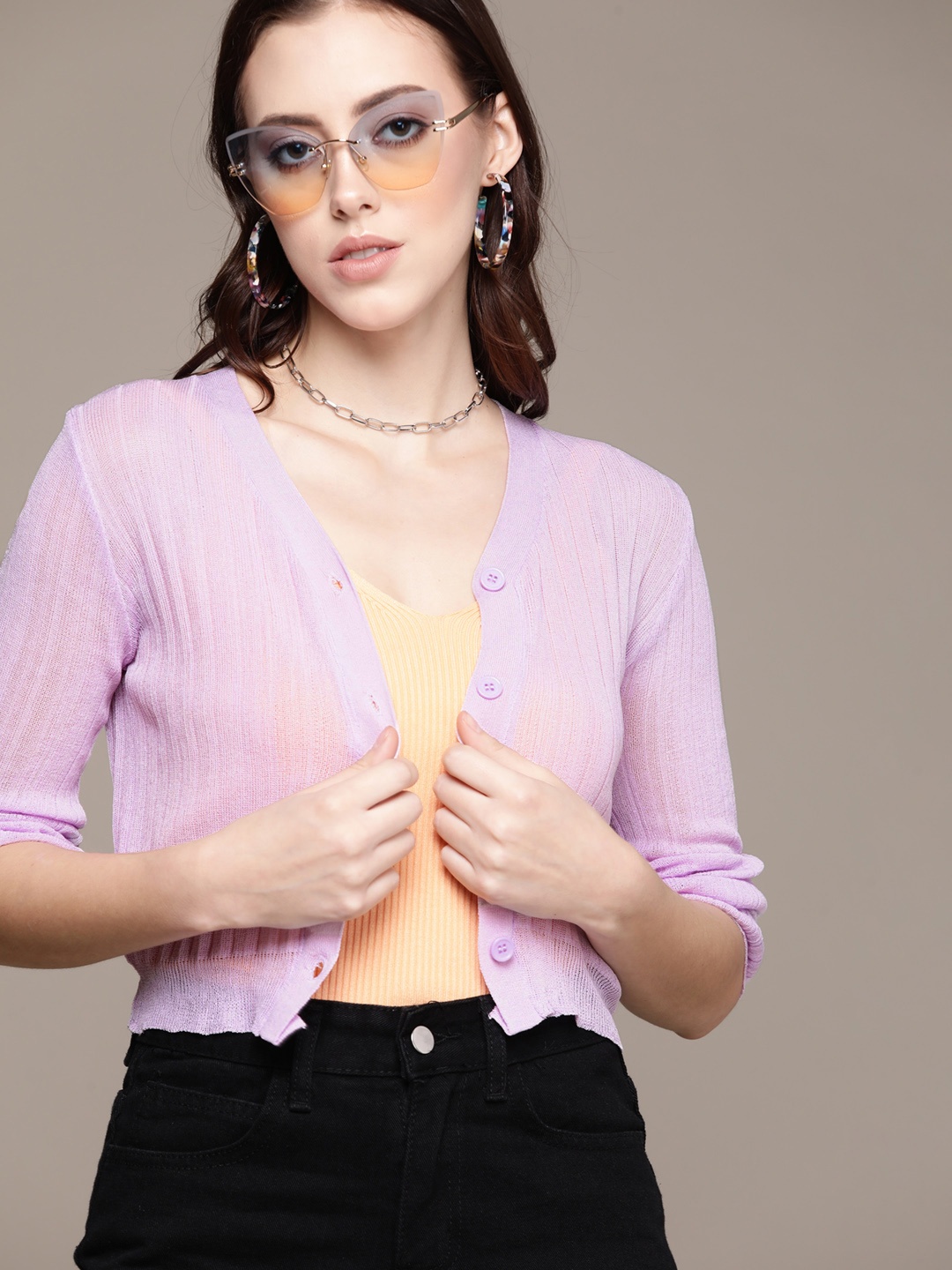 

URBANIC Purple Self Striped Regular Top