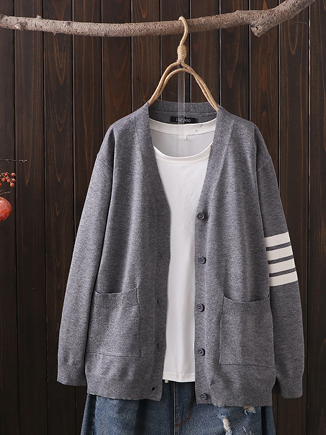 

URBANIC Women Plus Size Grey & White Striped Detail Cardigan