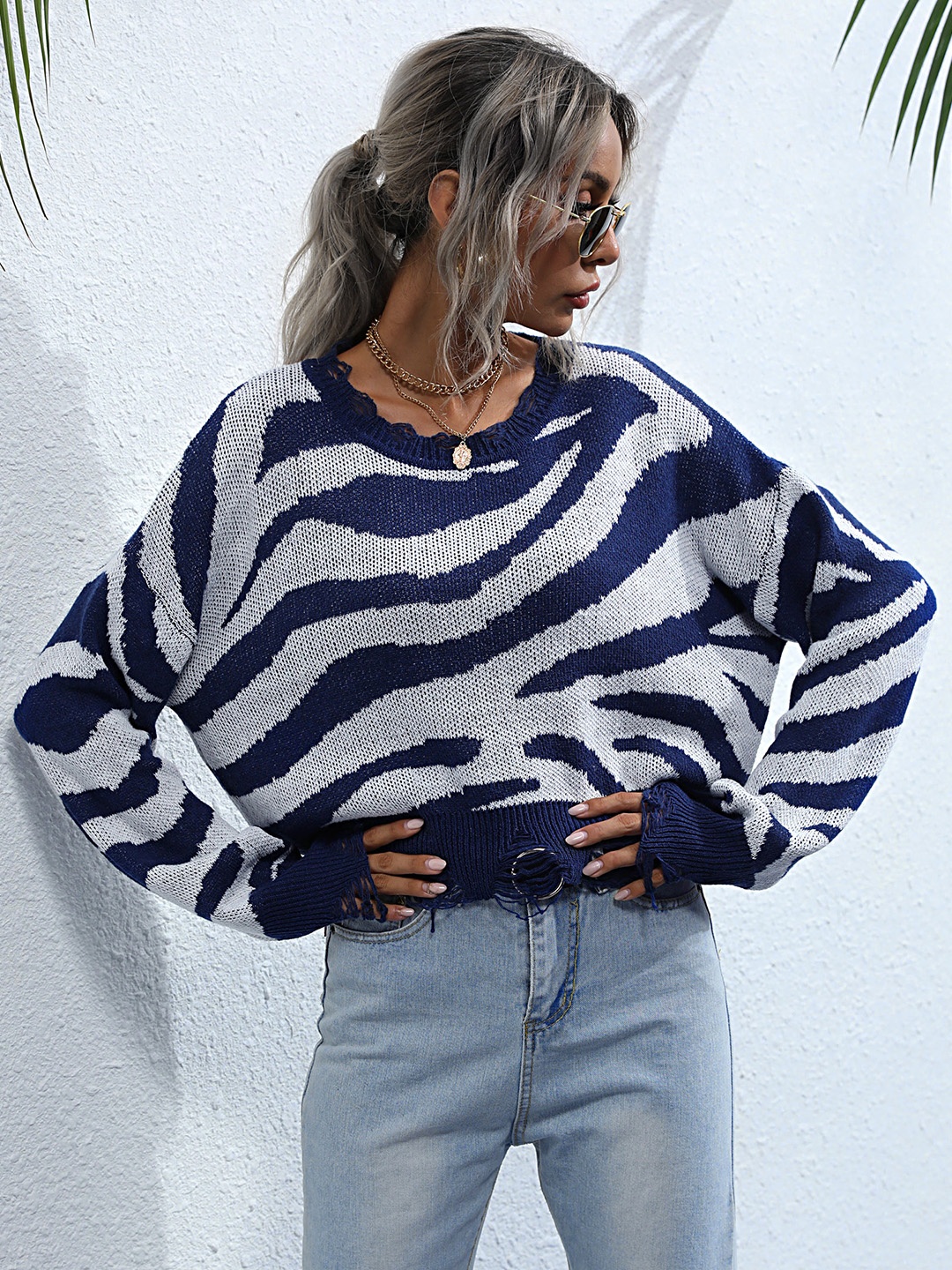 

URBANIC Women Navy Blue & White Zebra Pattern Pullover