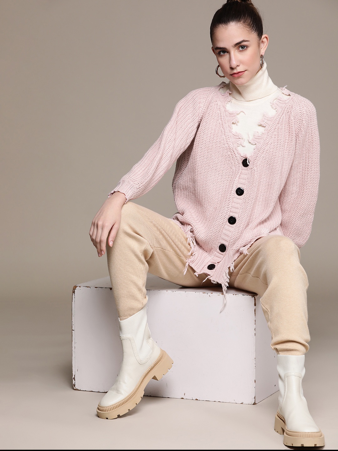 

URBANIC Women Pink Solid Distressed Cardigan