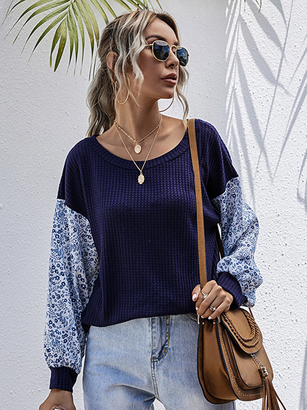 

URBANIC Women Navy Blue & White Abstract Self-Design Pullover