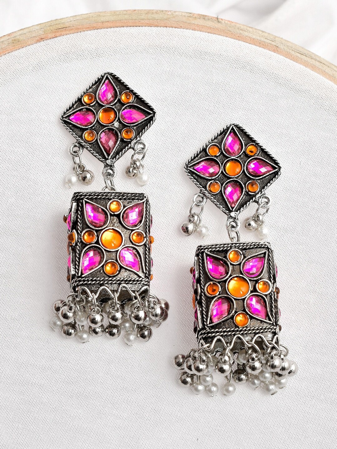 

Infuzze Silver Plated Silver-Toned Contemporary Jhumkas Earrings