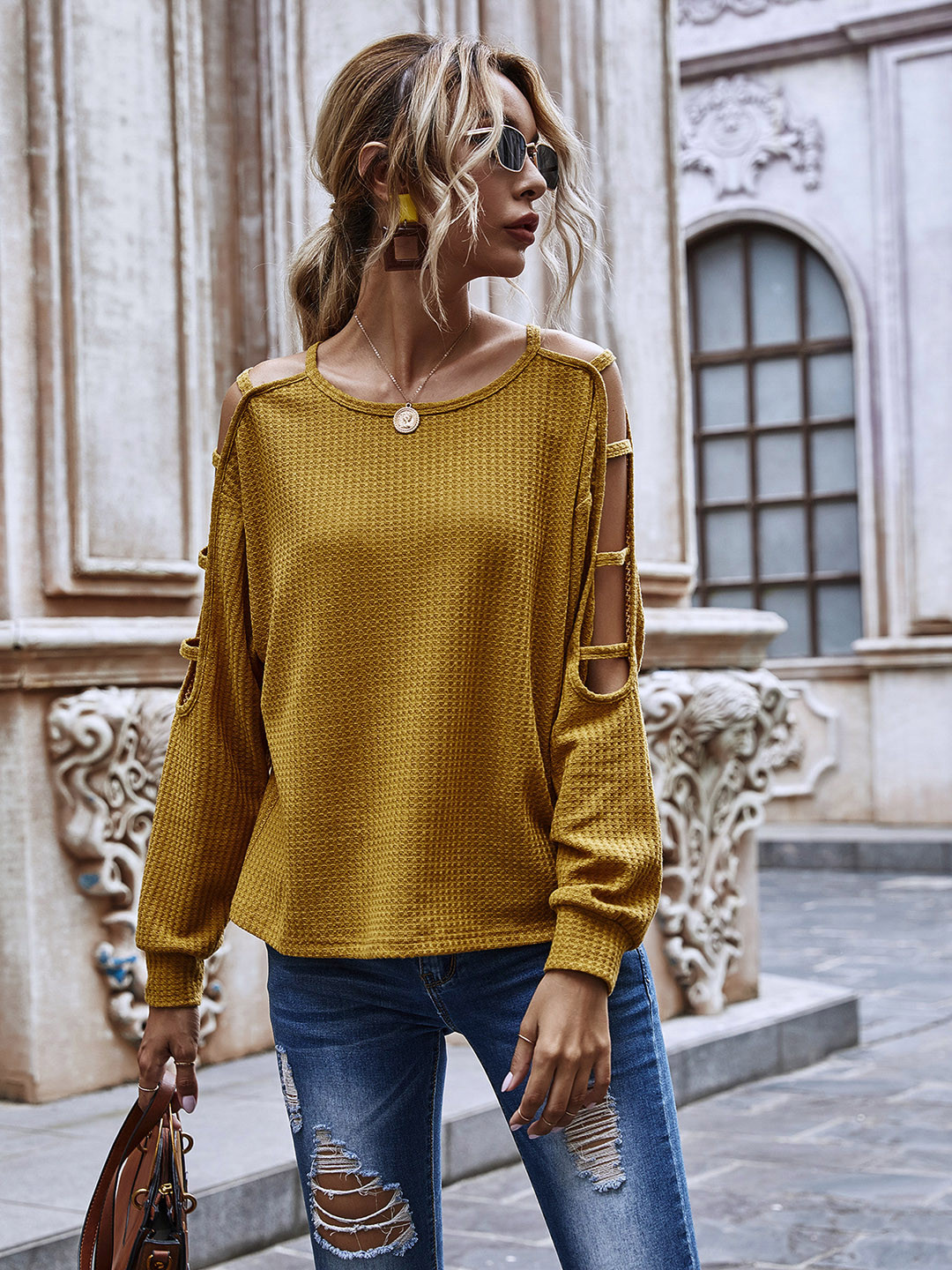 

URBANIC Women Mustard Yellow Abstract Self-Design Cut Outs Sweatshirt