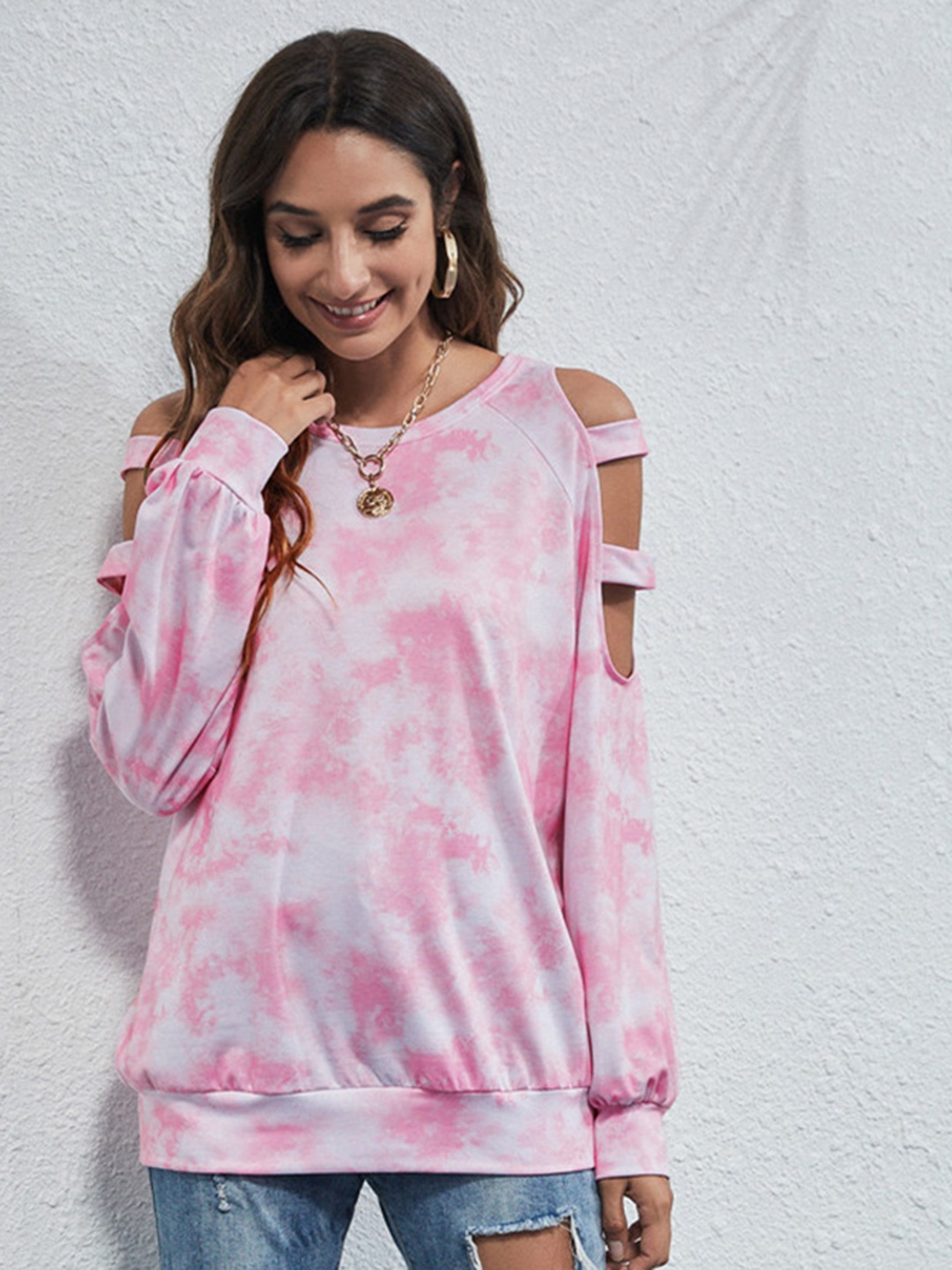 

URBANIC Women Pink & White Tie & Dye Sweatshirt with Cut Out Detail