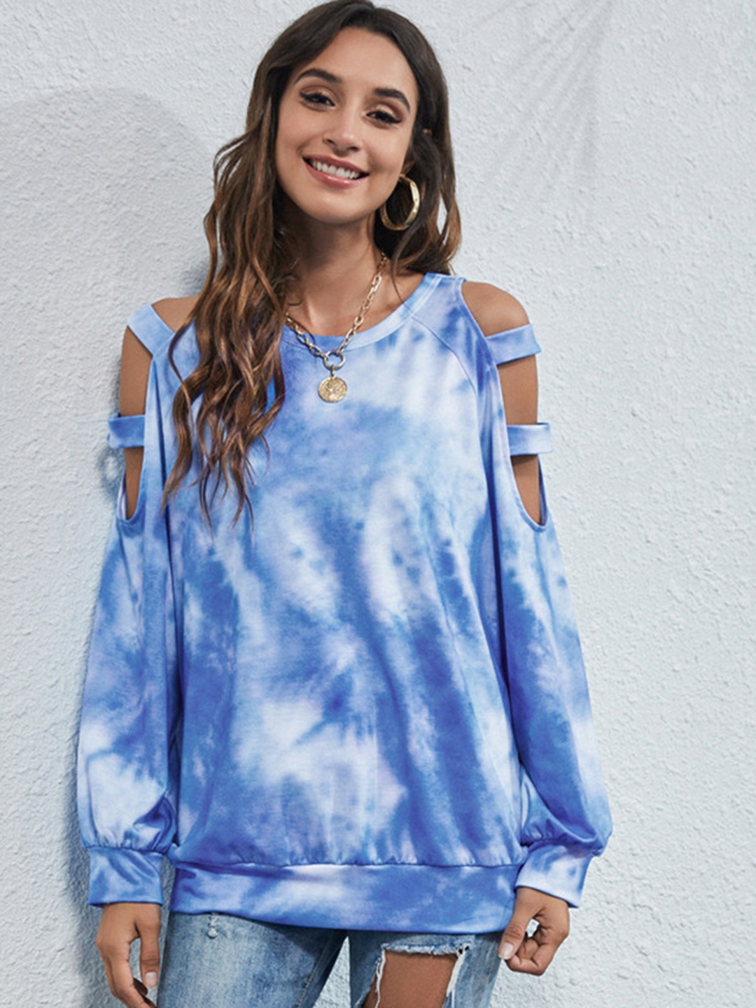 

URBANIC Women Blue & White Tie & Dye Sweatshirt with Cut Out Detail