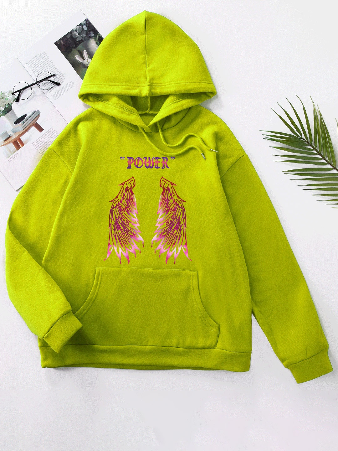 

URBANIC Women Fluorescent Green Printed Hooded Sweatshirt