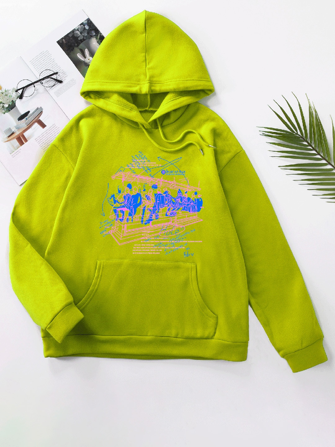 

URBANIC Women Green & Blue Graphic Print Hooded Sweatshirt