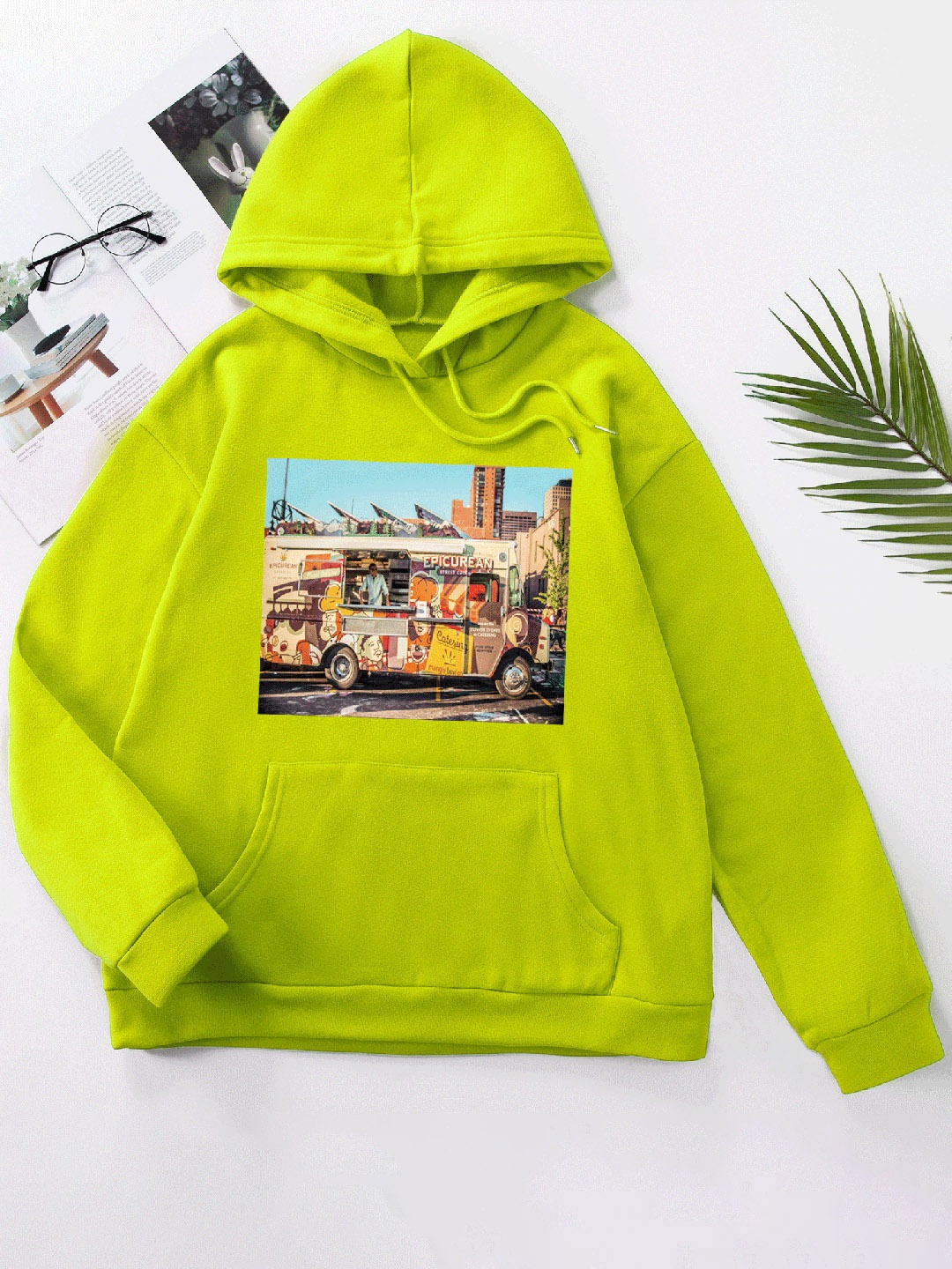 

URBANIC Women Fluorescent Lime Green Printed Hooded Sweatshirt