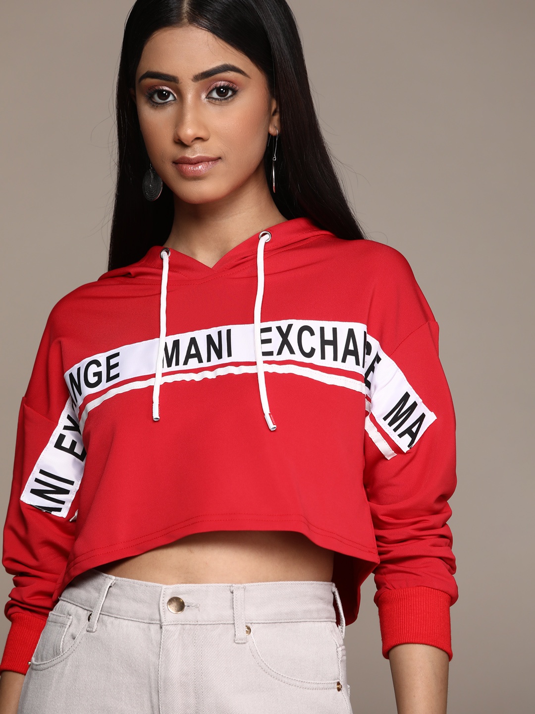 

URBANIC Women Red Printed Crop Hooded Sweatshirt