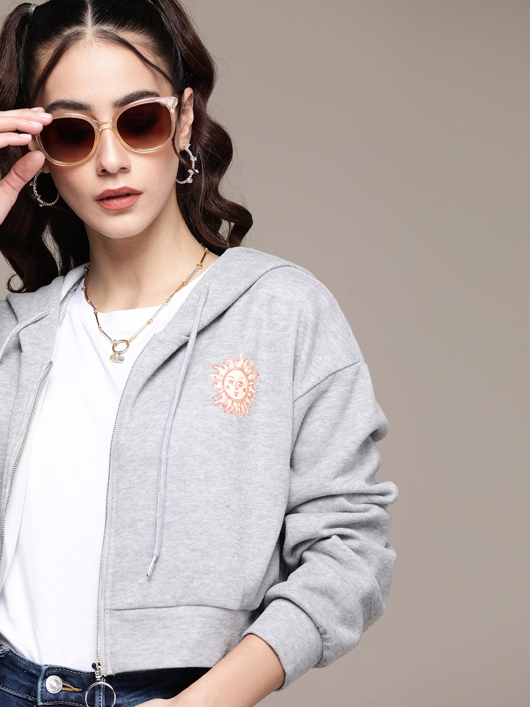 

URBANIC Women Grey Melange Print Detail Hooded Sweatshirt