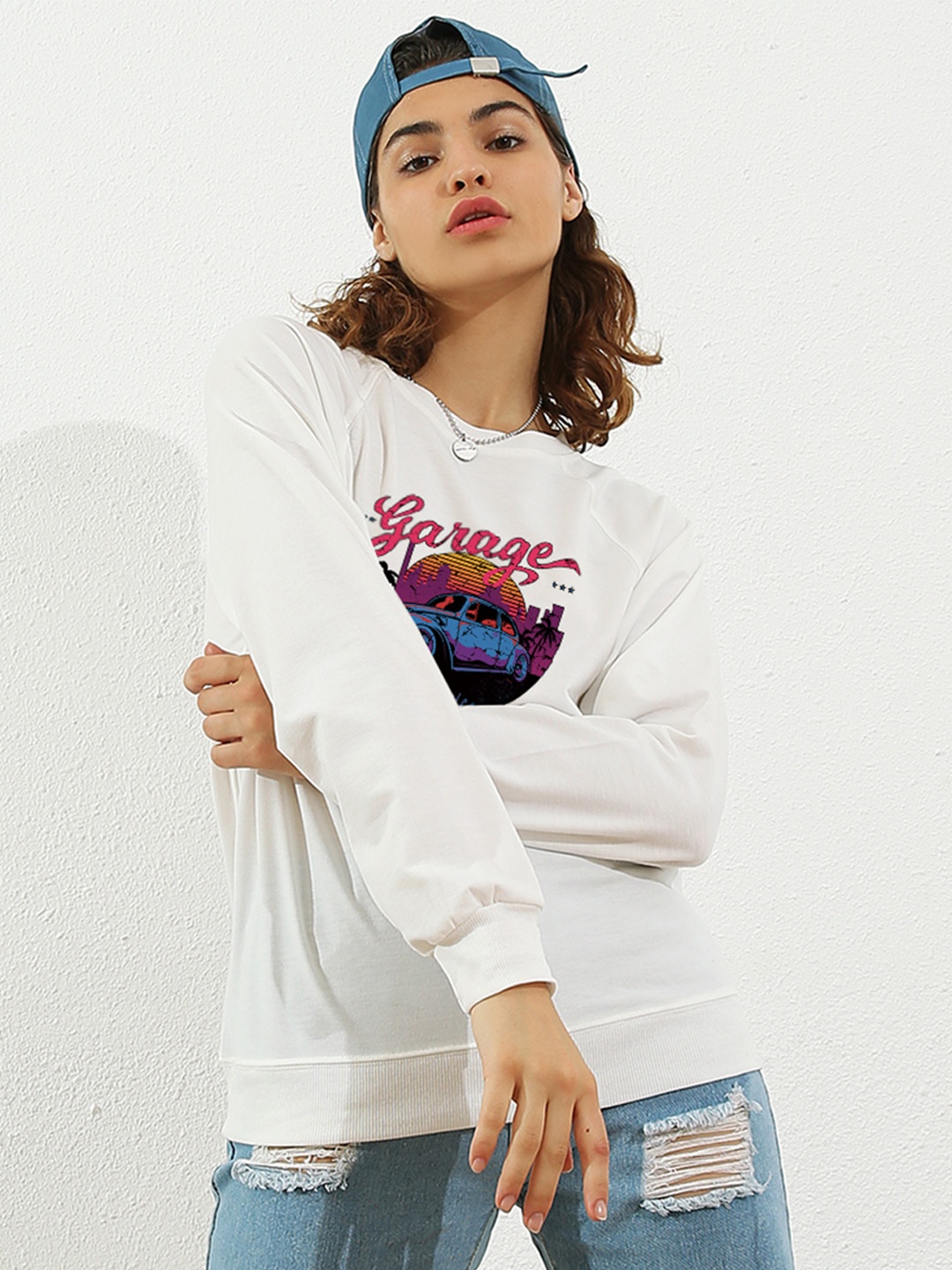 

URBANIC Women White & Purple Graphic Printed Sweatshirt