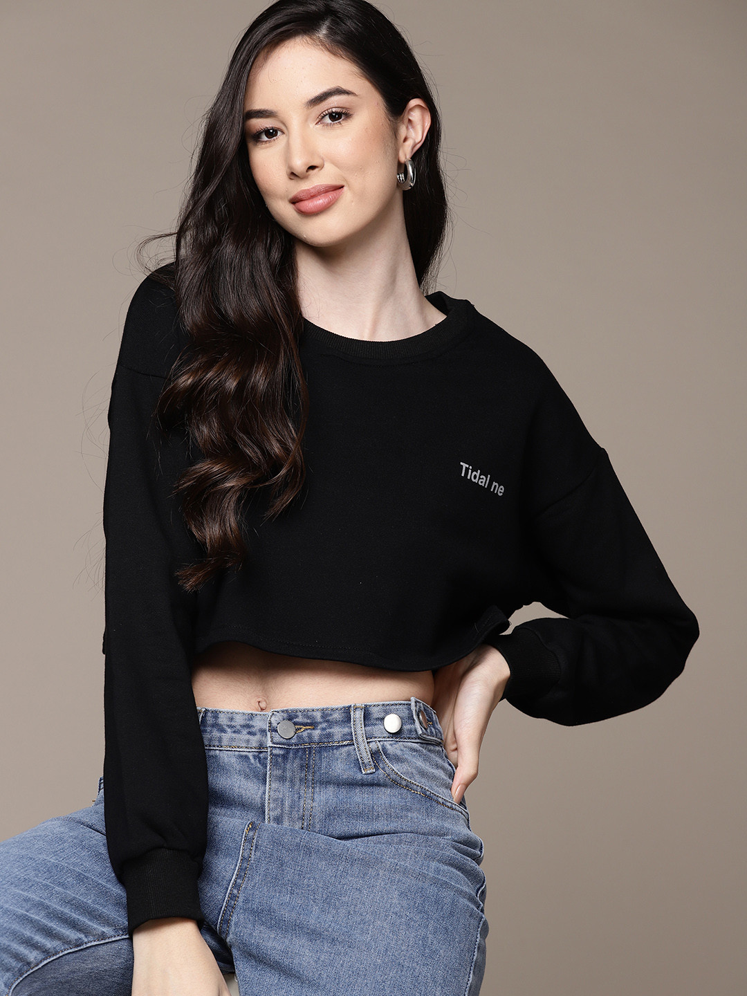 

URBANIC Women Black Solid Cotton Sweatshirt