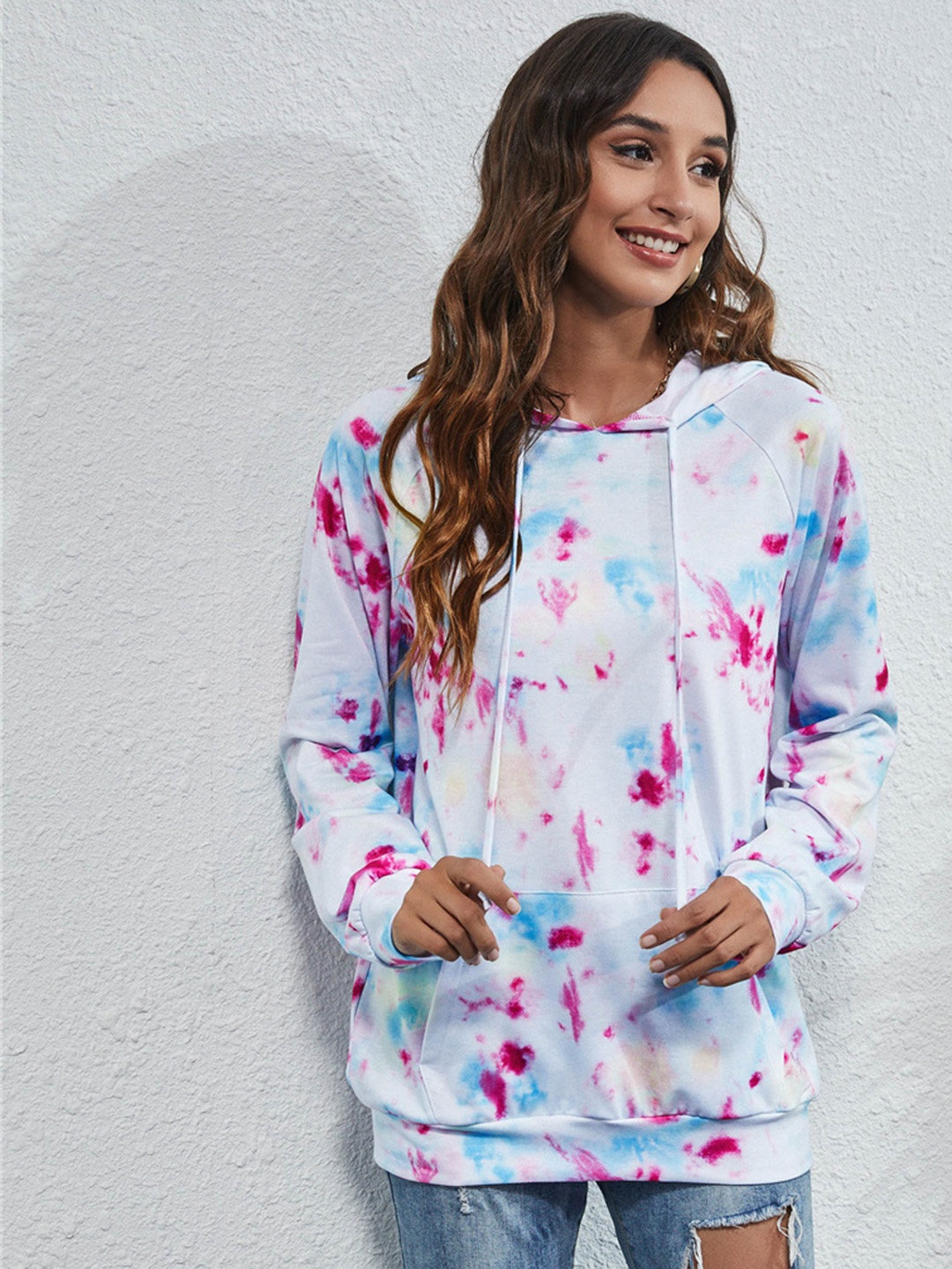 

URBANIC Women Blue Dyed Hooded Longline Sweatshirt