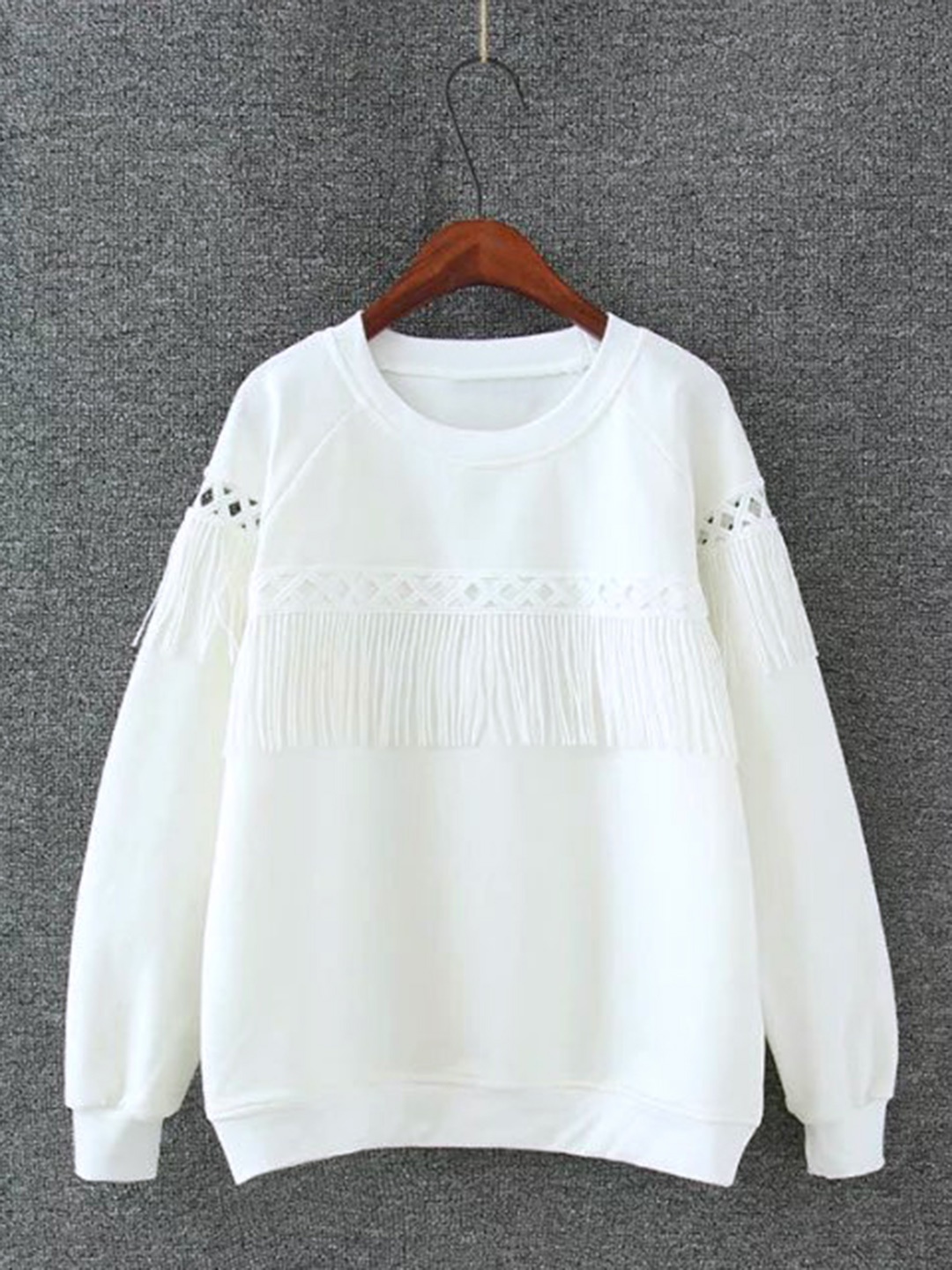 

URBANIC Women Plus Size White Solid Cotton Fringed Sweatshirt with Cut-Outs