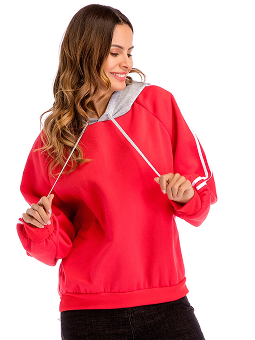 

URBANIC Women Red Solid Relaxed Fit Hooded Sweatshirt with Side Taping Detail