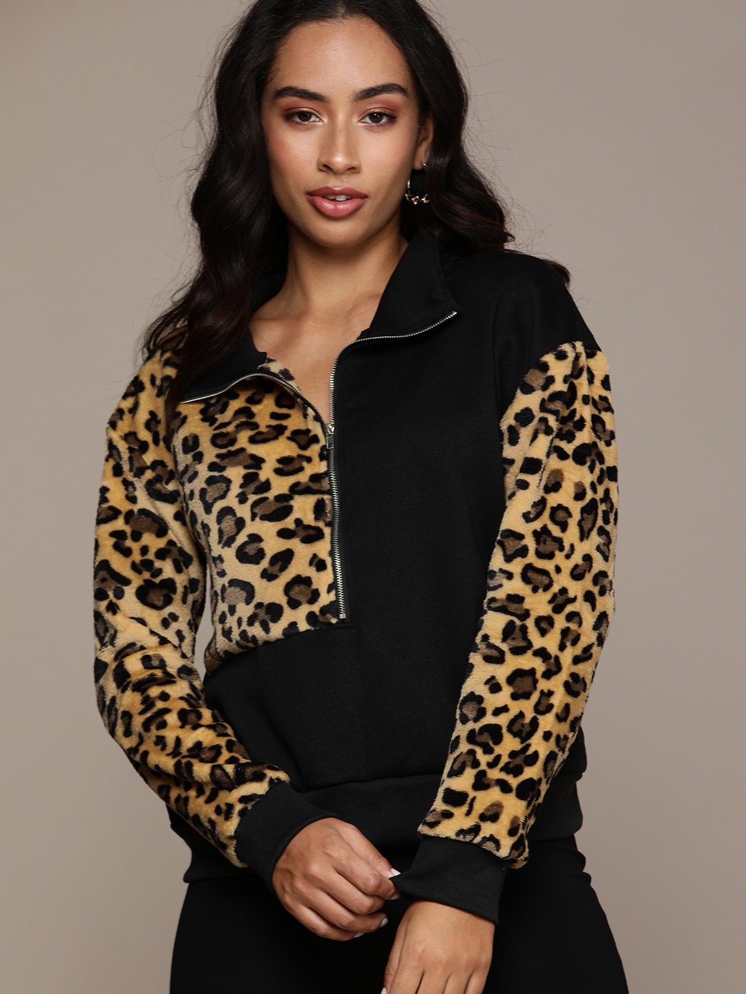 

URBANIC Women Camel Brown & Black Animal Printed Sweatshirt
