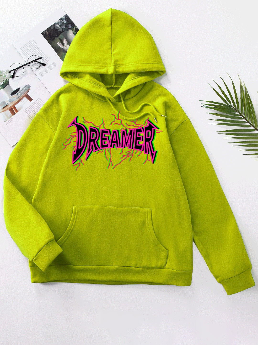 

URBANIC Women Green & Pink Typography Printed Relaxed Fit Hooded Sweatshirt