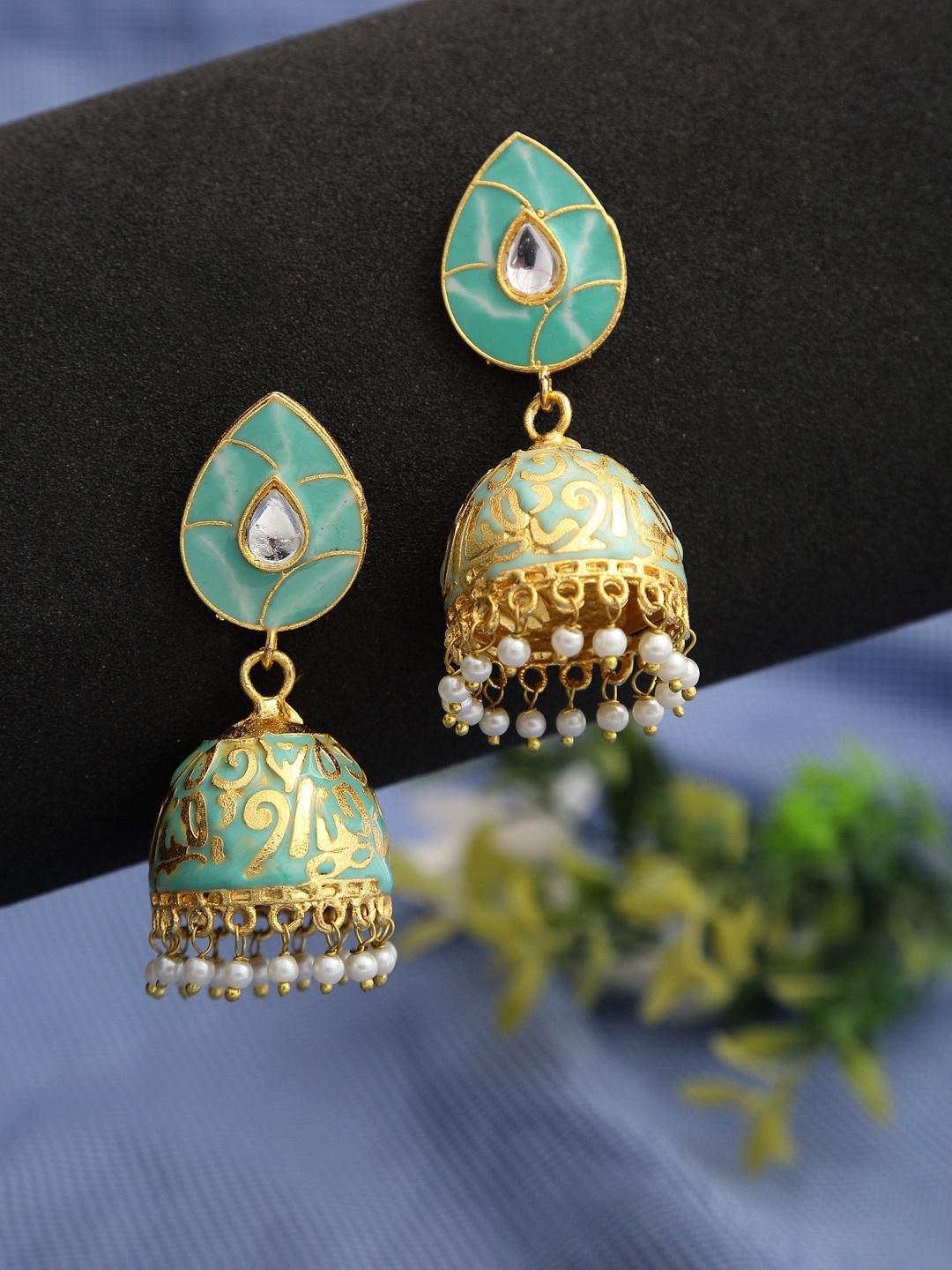 

NEUDIS Sea Green Gold Plated Dome Shaped Jhumkas Earrings