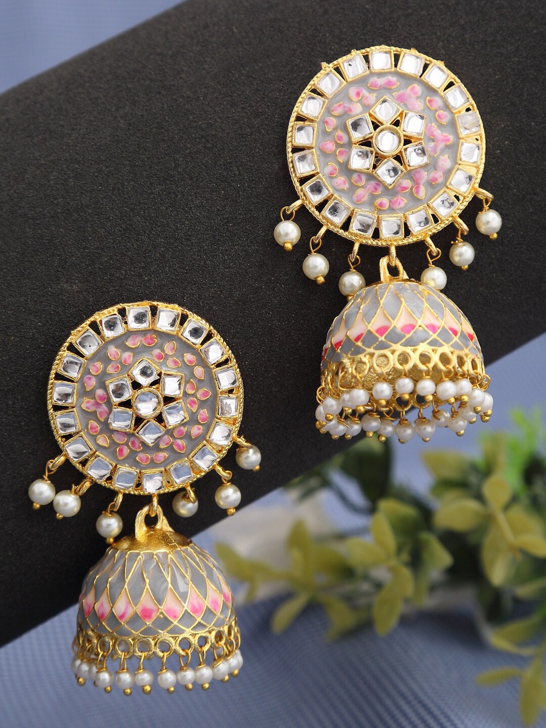

NEUDIS Grey Gold Plated Dome Shaped Jhumkas Earrings