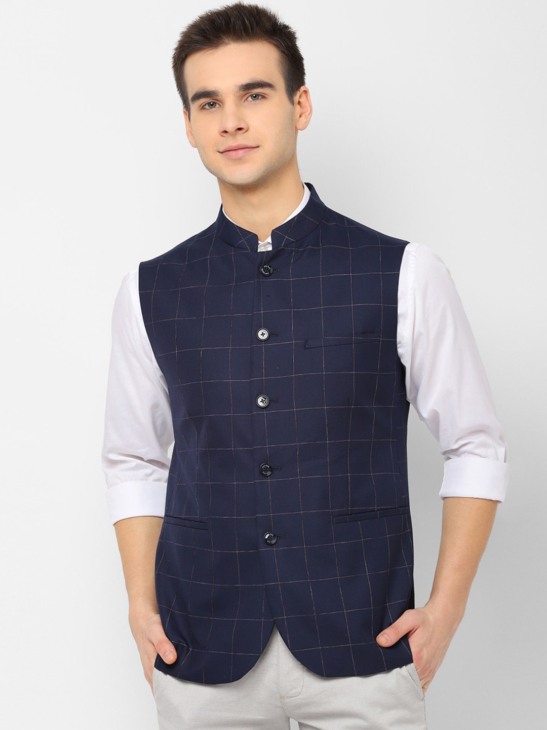

Allen Solly Men Navy Blue Checked Nehru Jacket