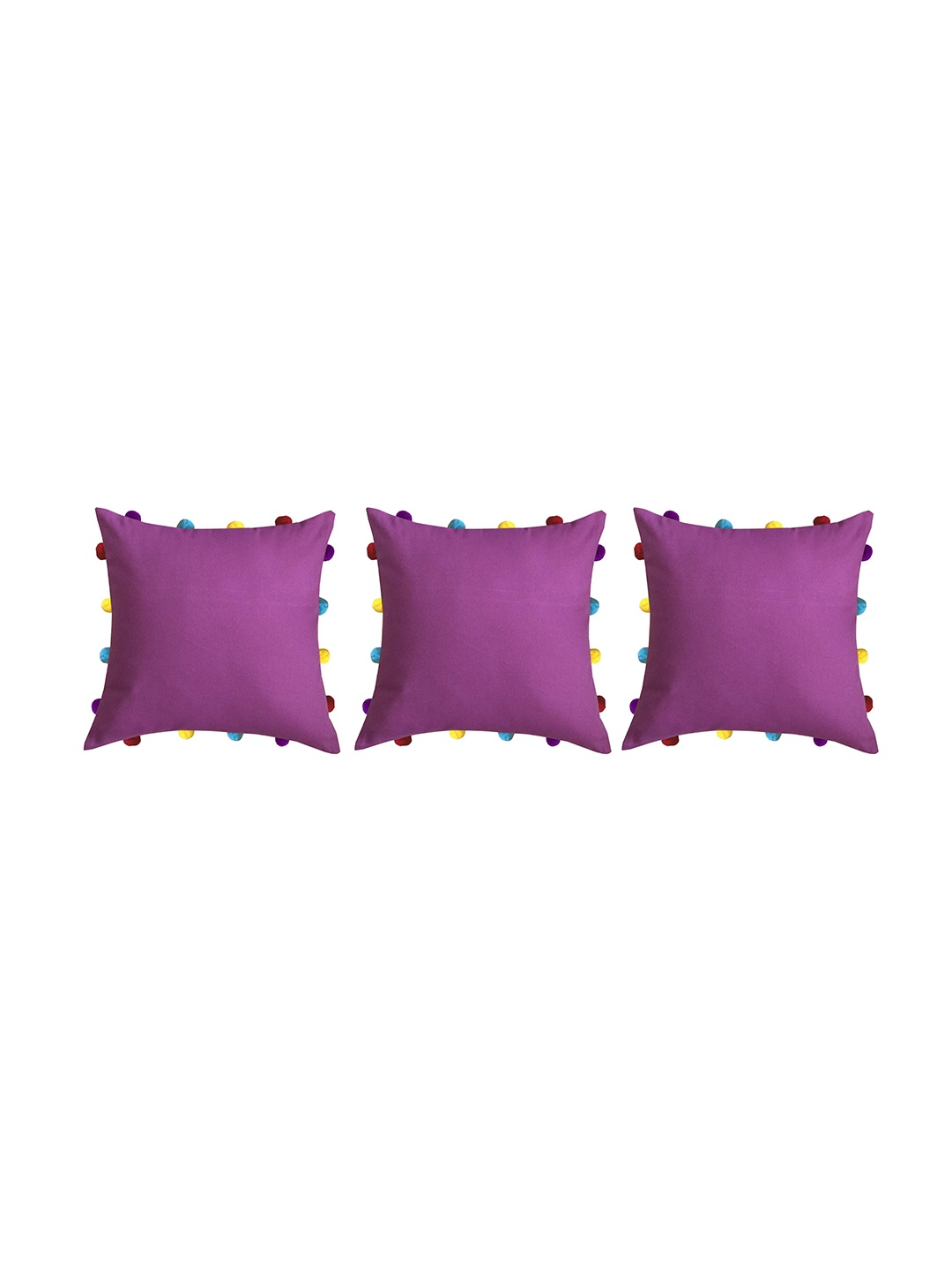 

Lushomes Violet 3 Pieces Pure Cotton Square Cushion Covers With Colourful Pom Poms